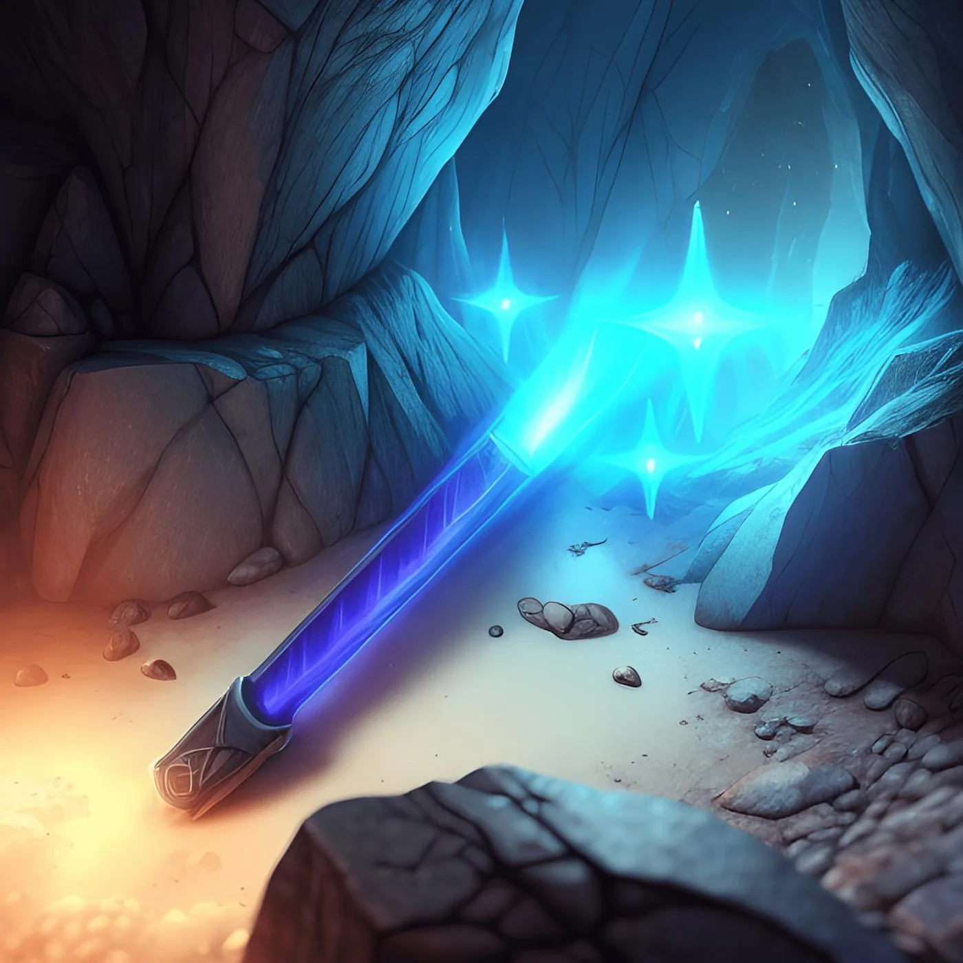 AI-generated glowing wand artwork in a cave