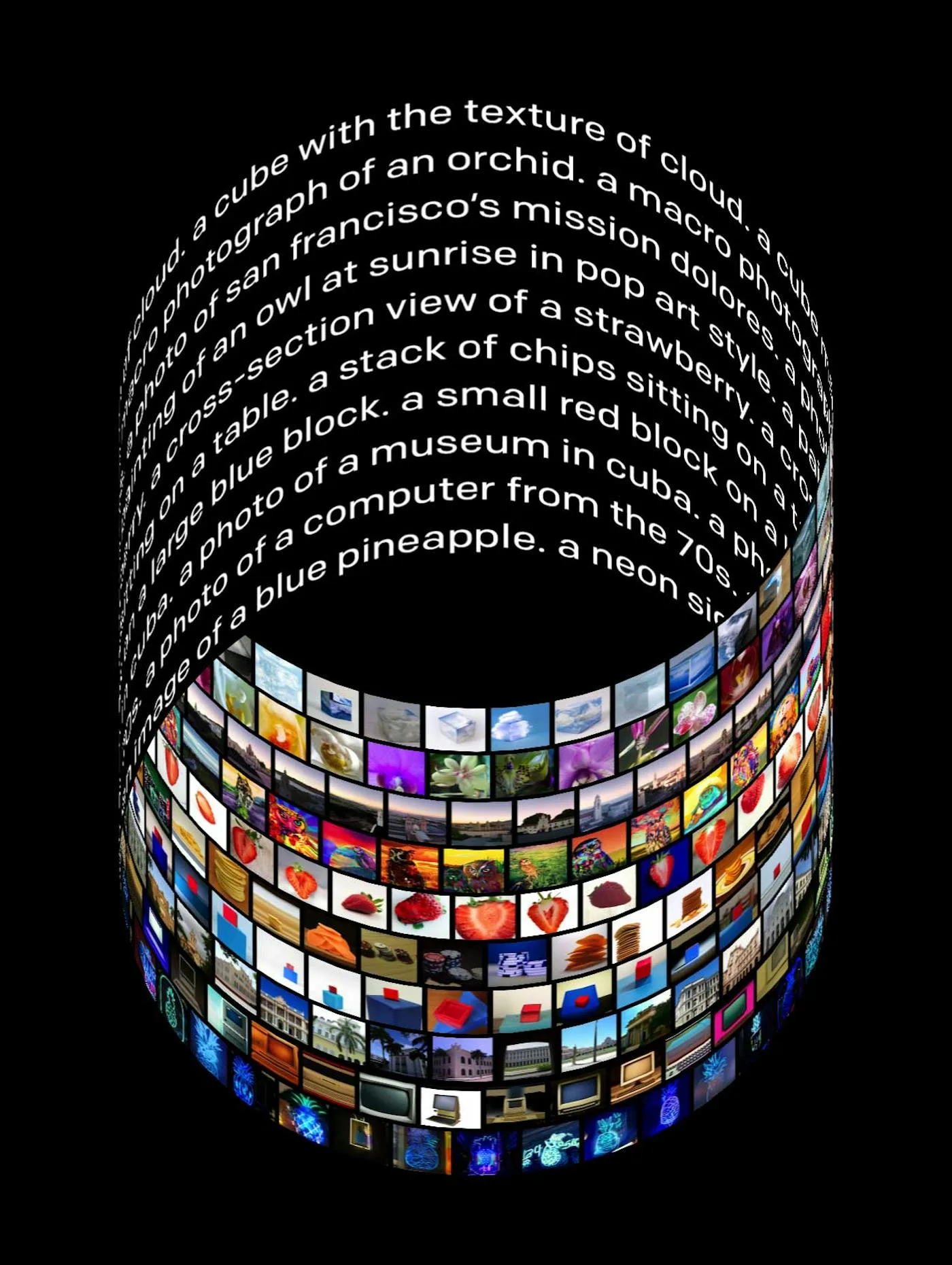 Gallery artwork collage with prompts wrapped around a cylinder