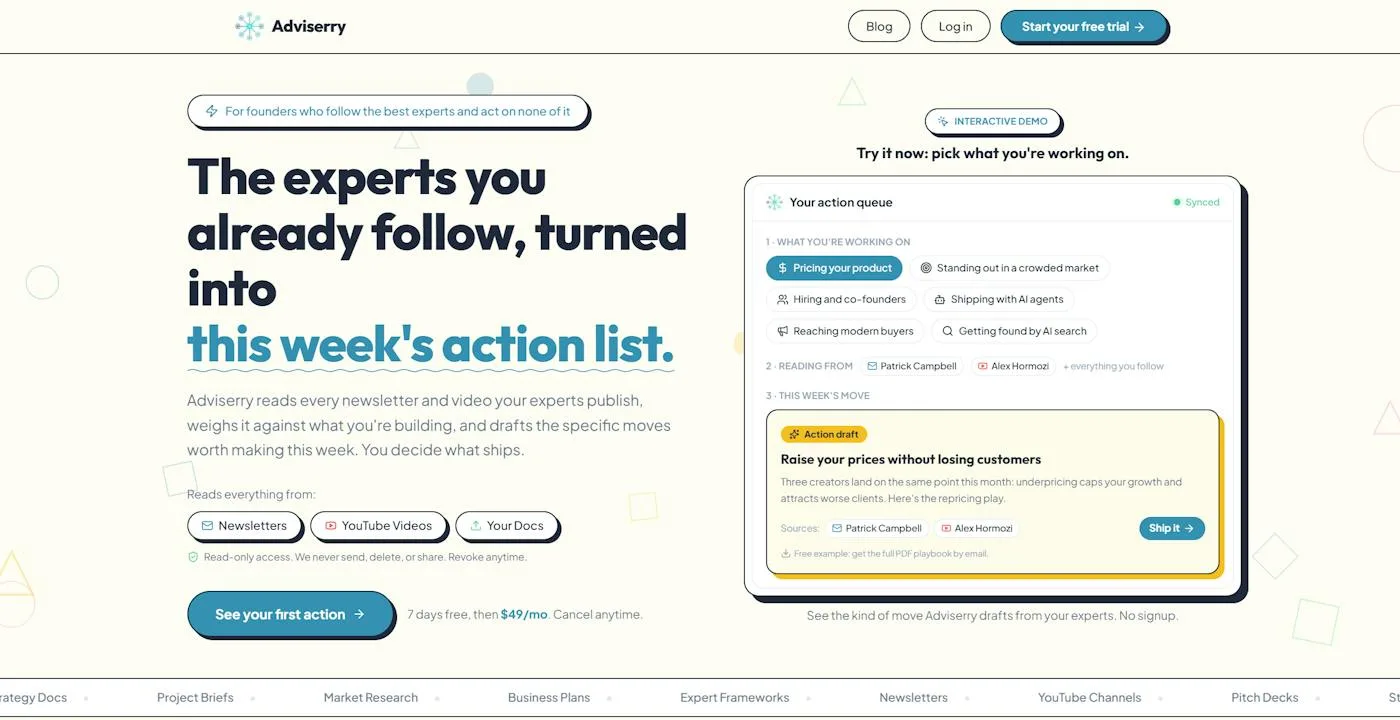 Adviserry homepage hero with weekly action list card