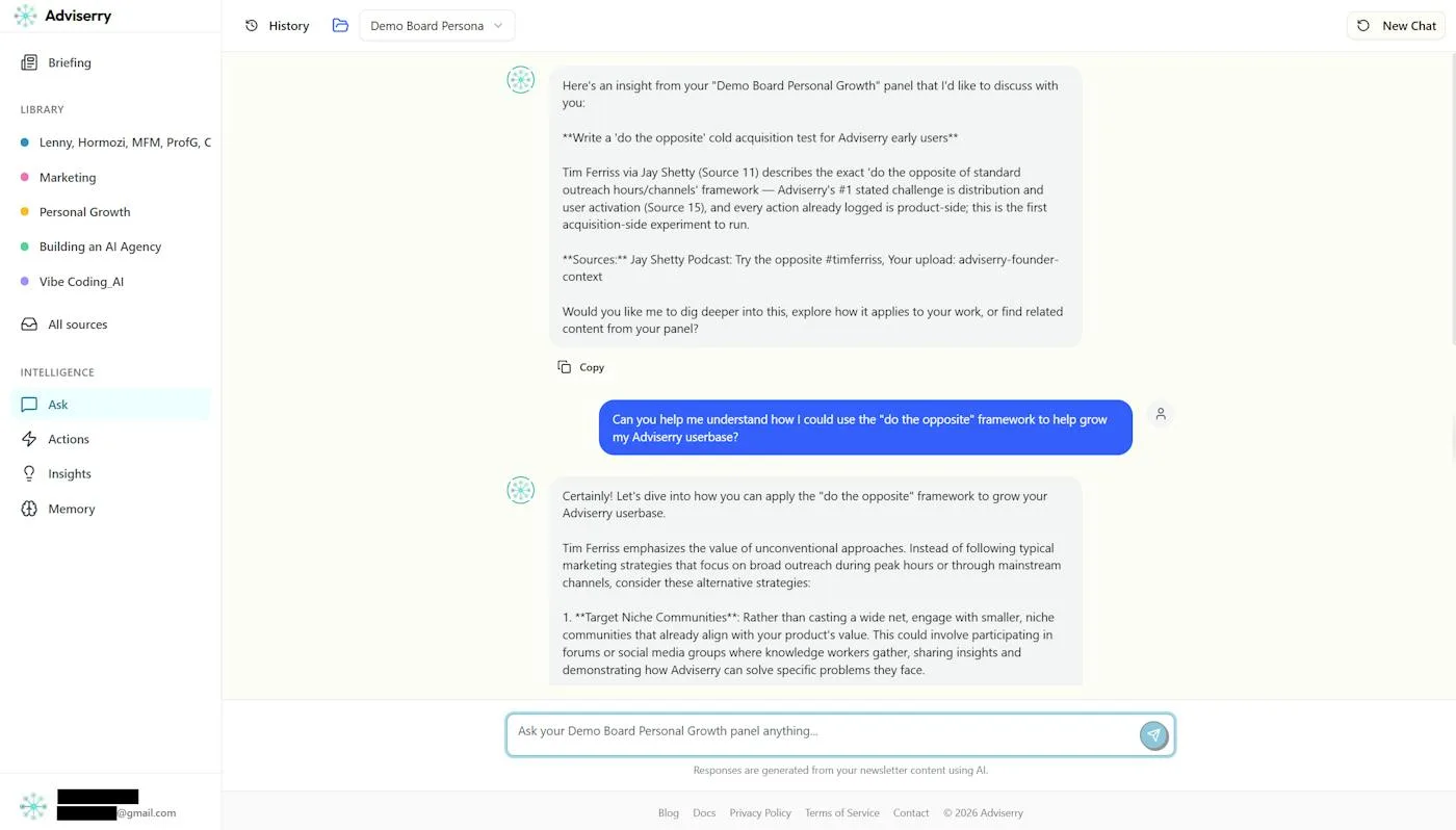 Adviserry dashboard with panel chat and insights