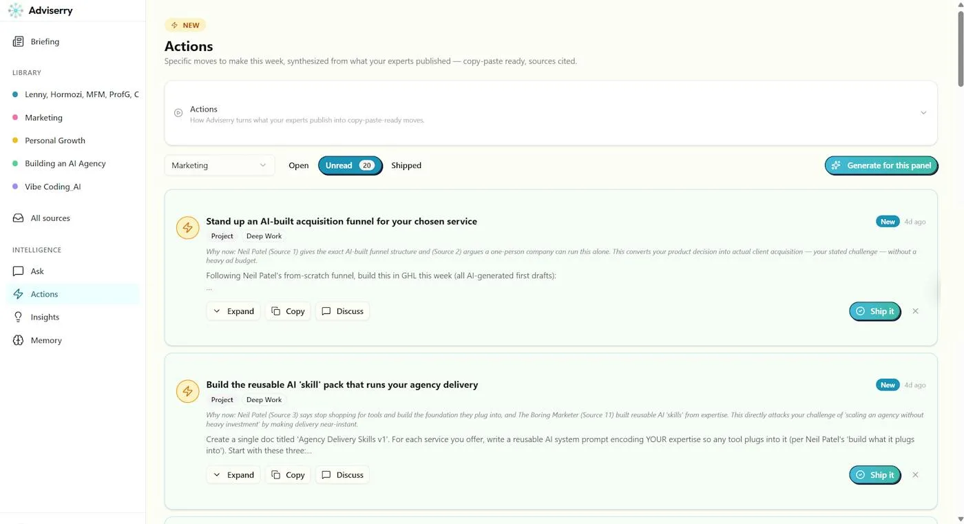 Adviserry Actions list dashboard