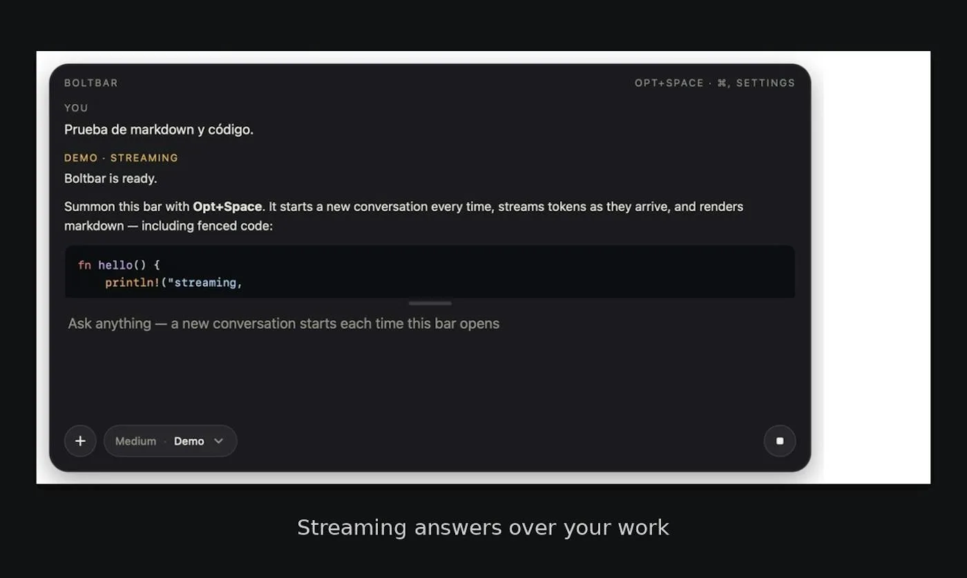 Boltbar streaming an answer over work