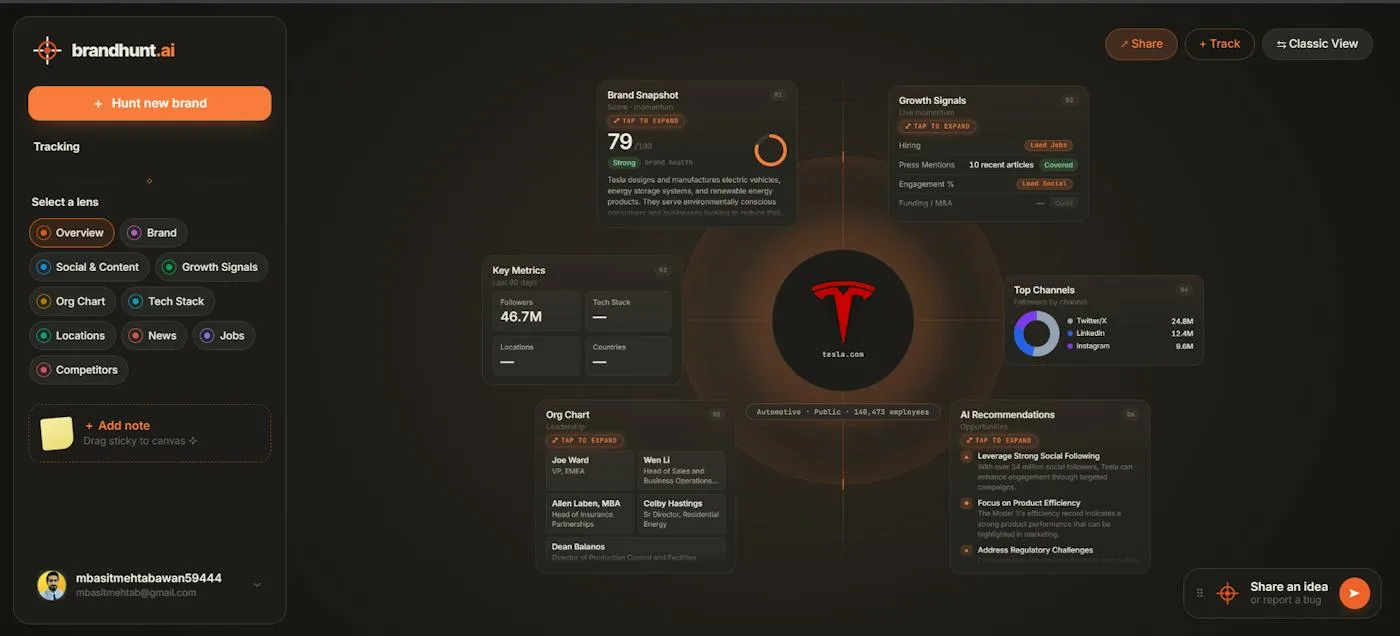 Brandhunt Tesla brand report dashboard