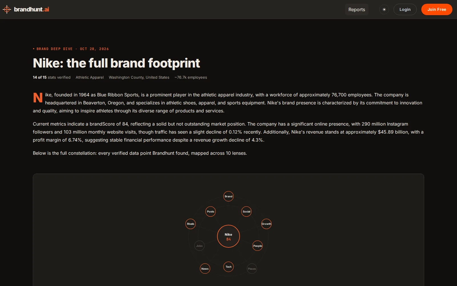 Brandhunt Nike brand deep-dive report with brandScore 84 constellation