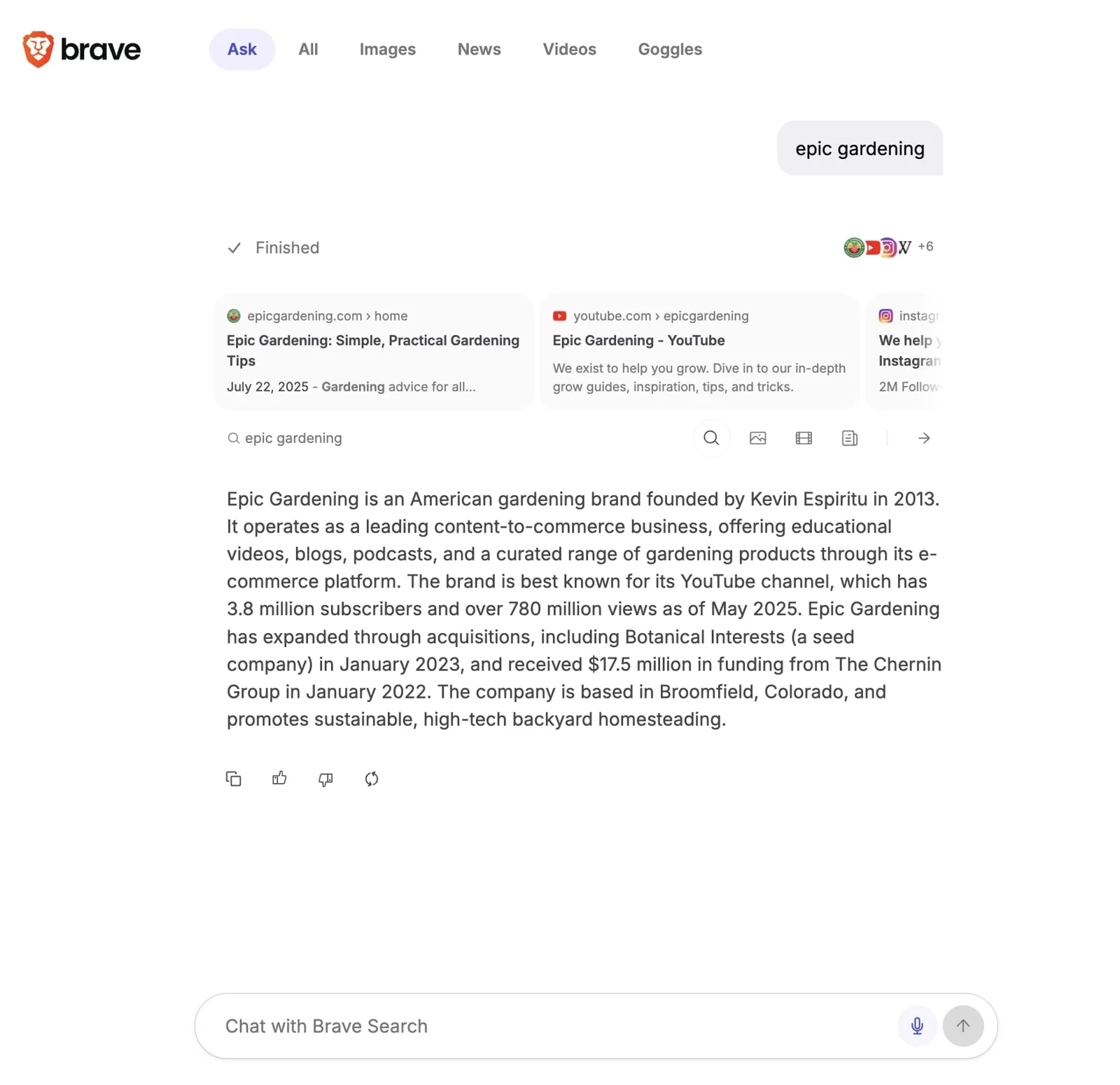 Ask Brave navigational search result