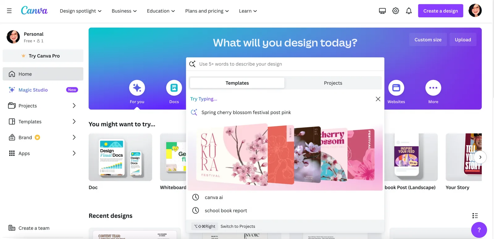 Canva Magic Studio prompt box generating cherry-blossom festival designs