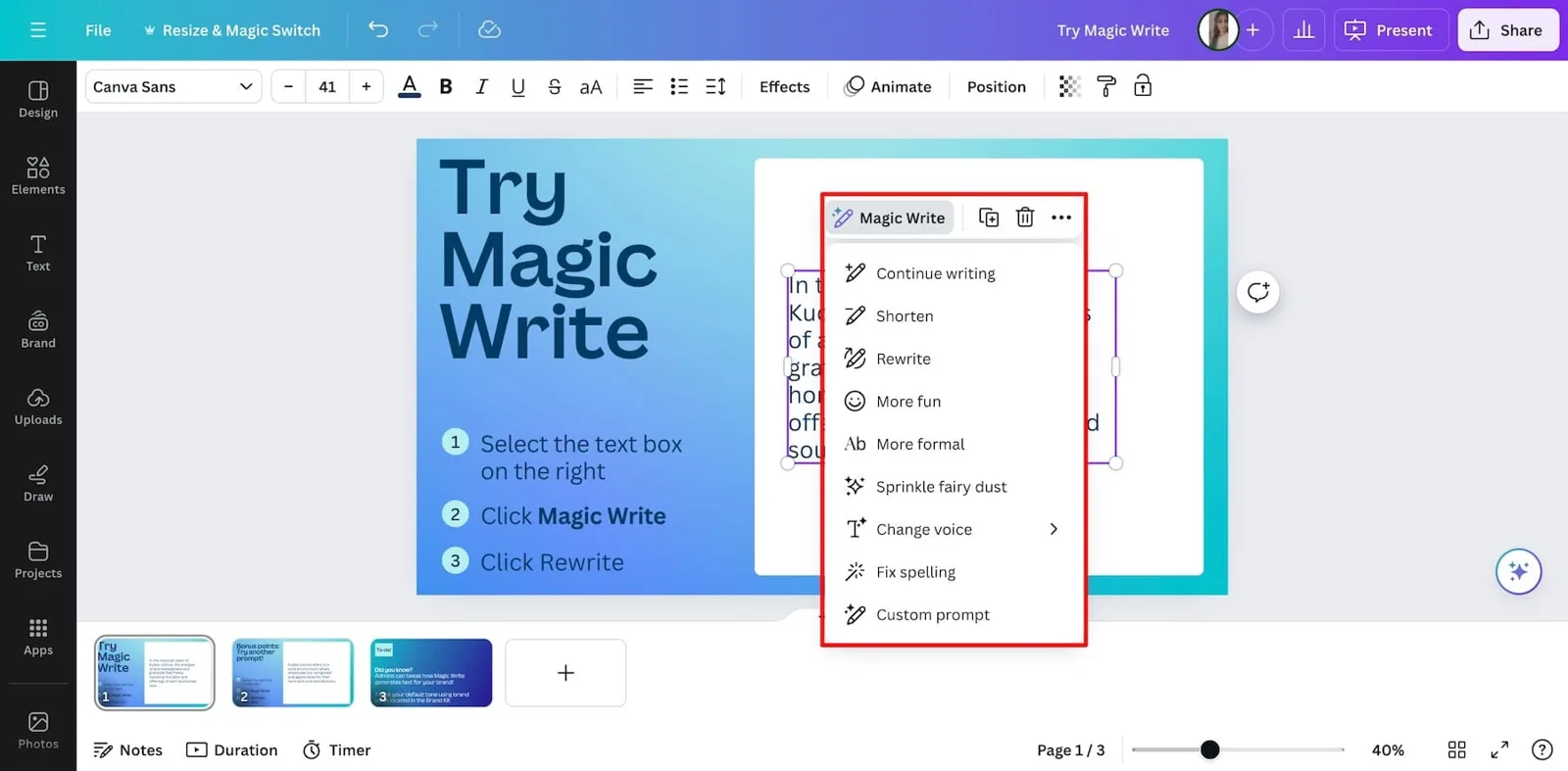 Canva Magic Write menu in the editor (Continue writing, Shorten, Rewrite)