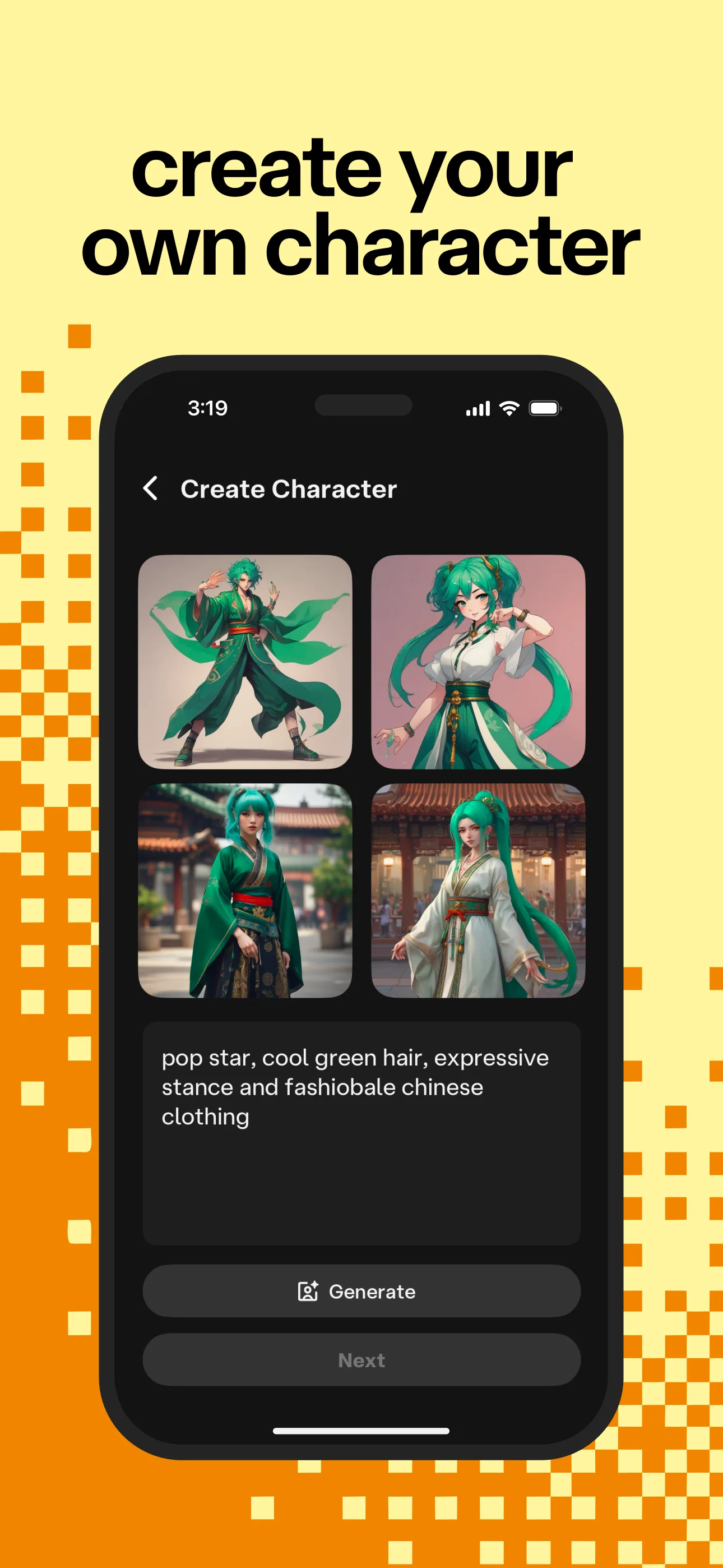 Create Character screen with generated character images and a Generate button