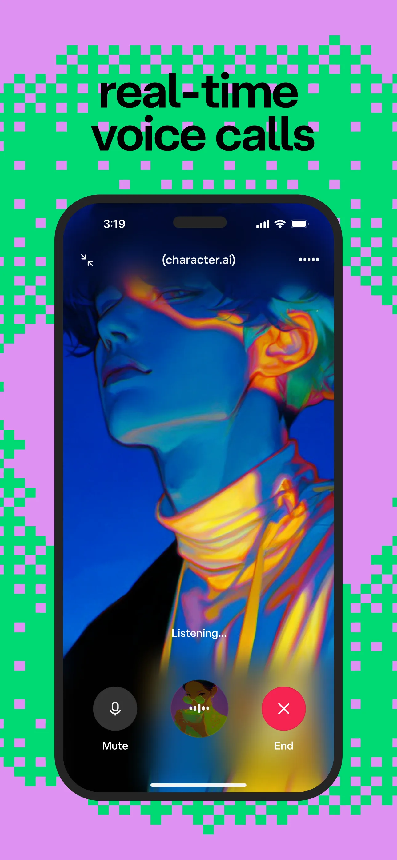 Real-time voice call with a character, showing Listening status and Mute and End controls