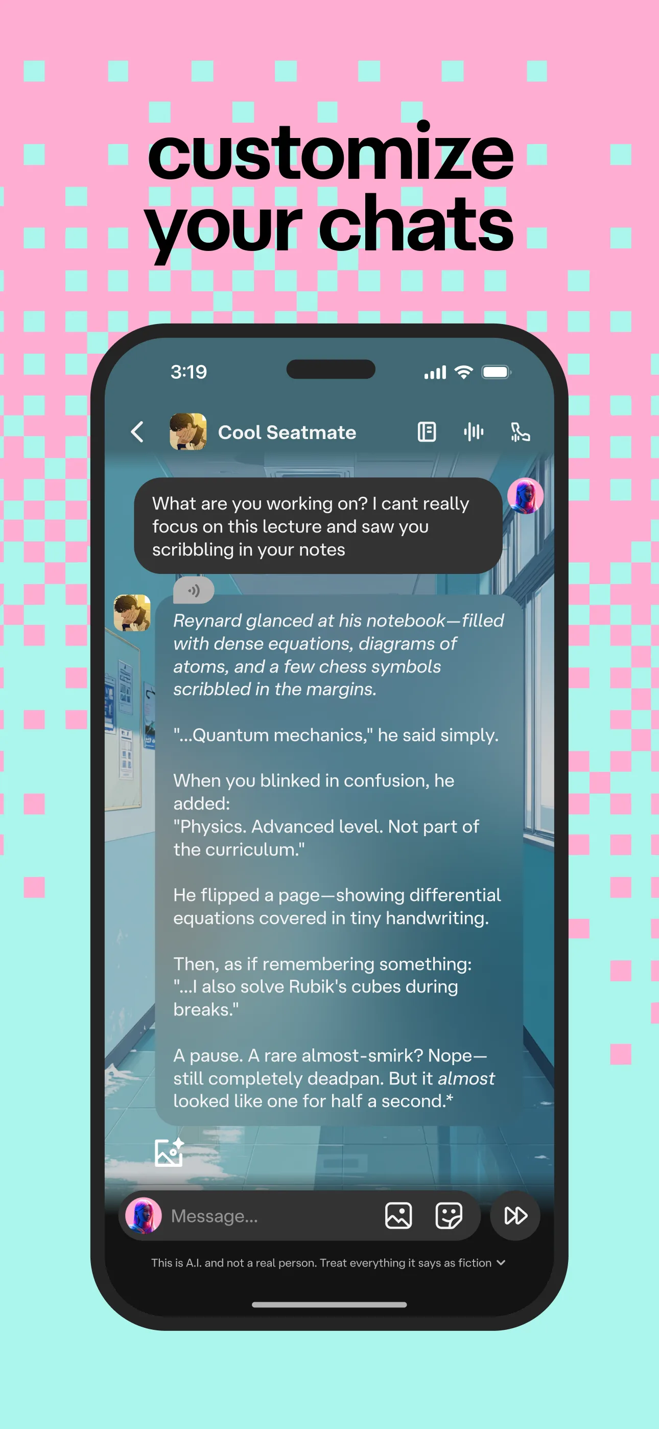 Chat thread with a character in a roleplay conversation