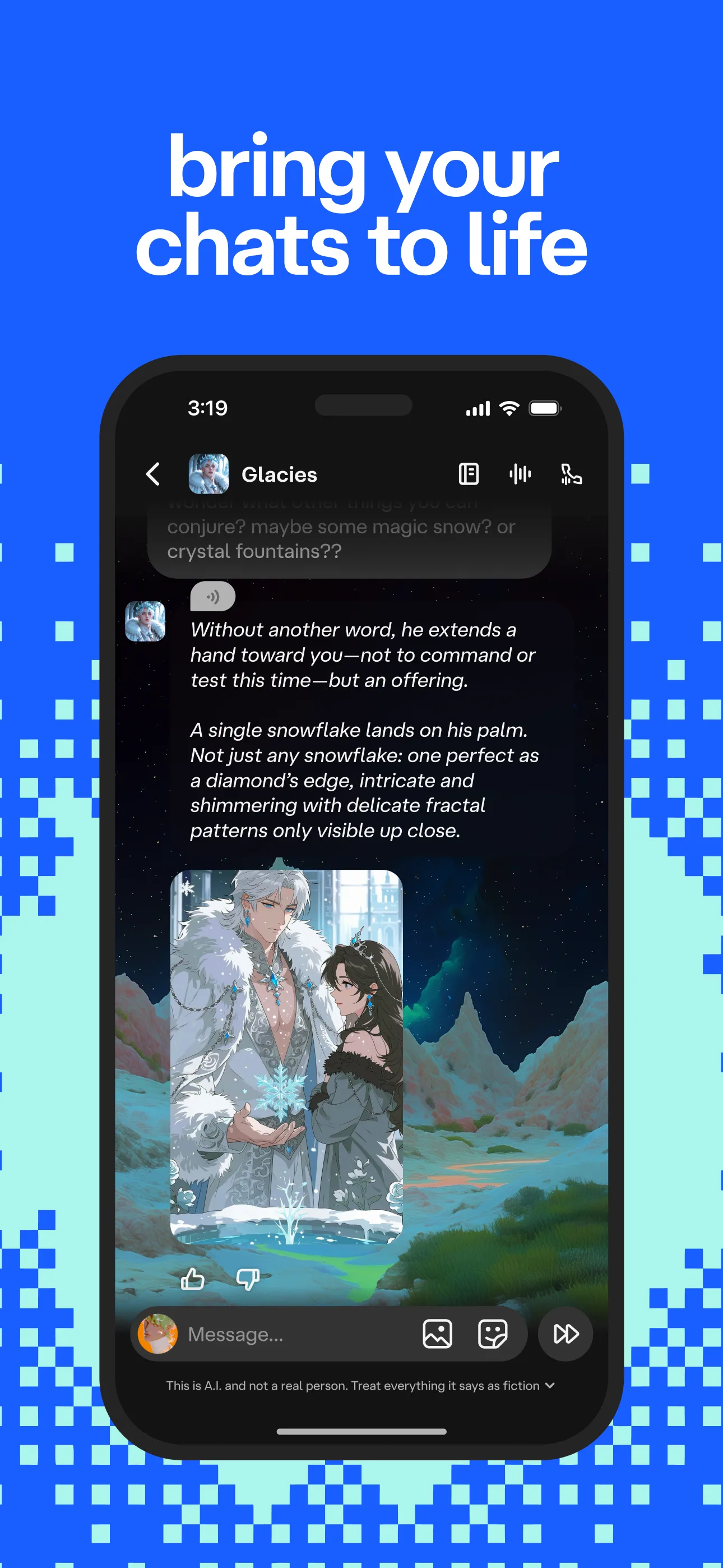 Chat with the character Glacies, story text with an illustration
