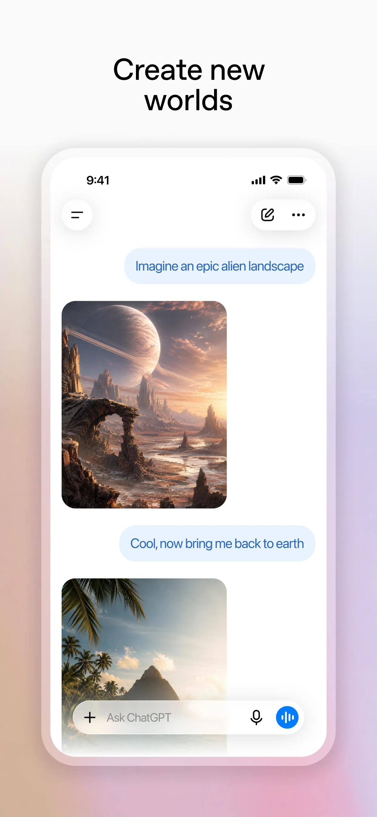 ChatGPT generating images, showing an alien landscape and a beach scene