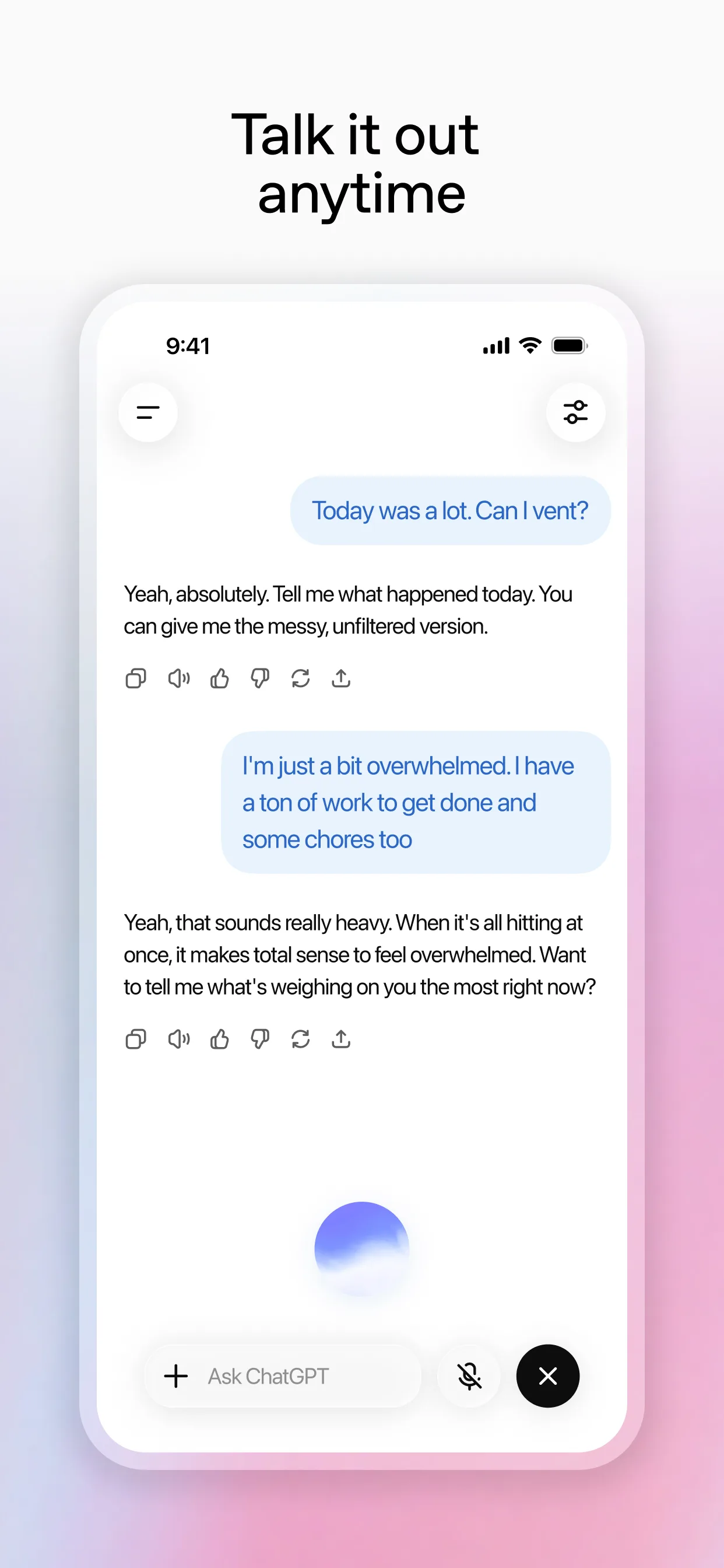 Supportive chat conversation with a user venting about a hard day