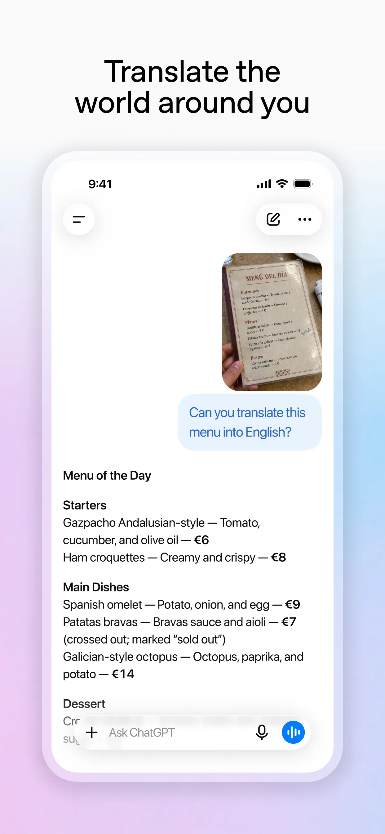 Photo translation of a restaurant menu into English