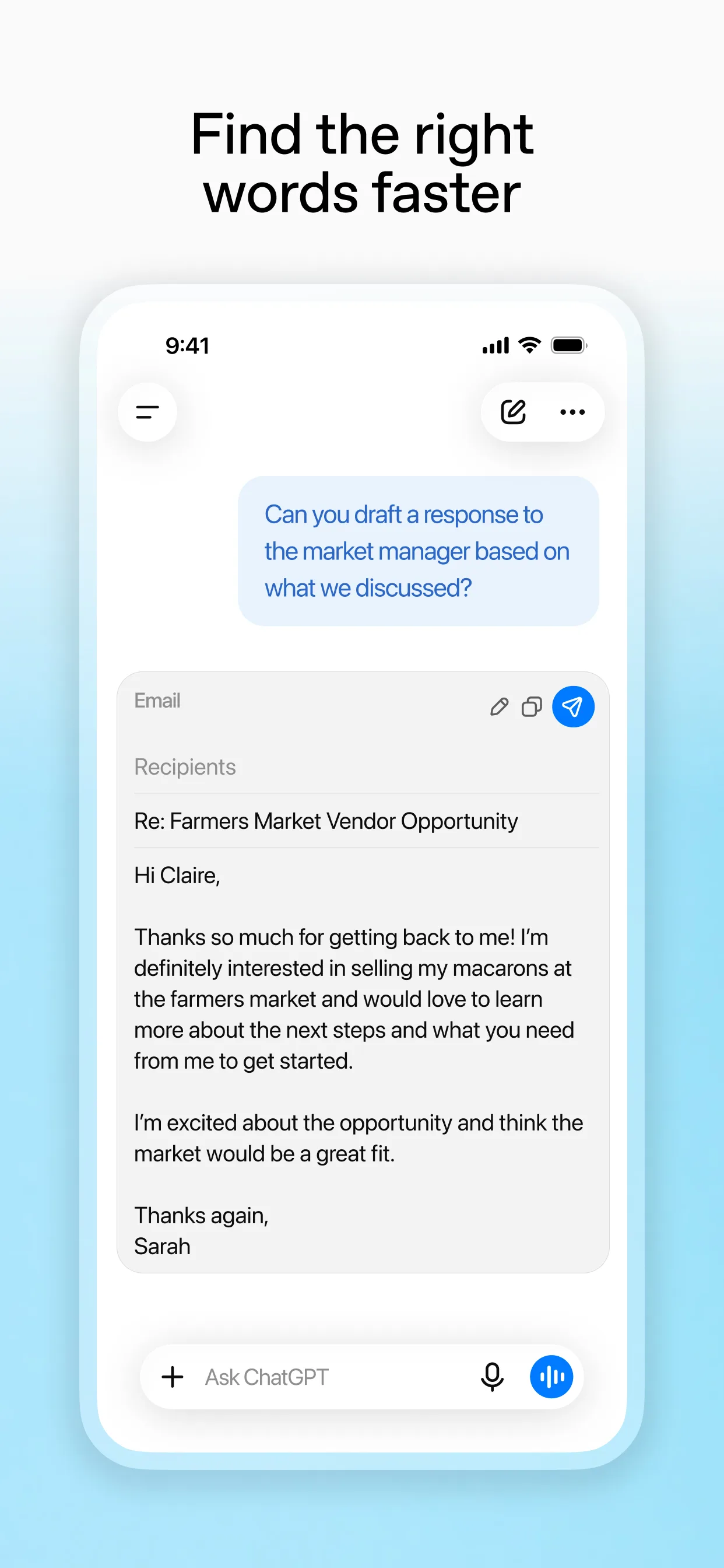 Email draft for a farmers market vendor opportunity