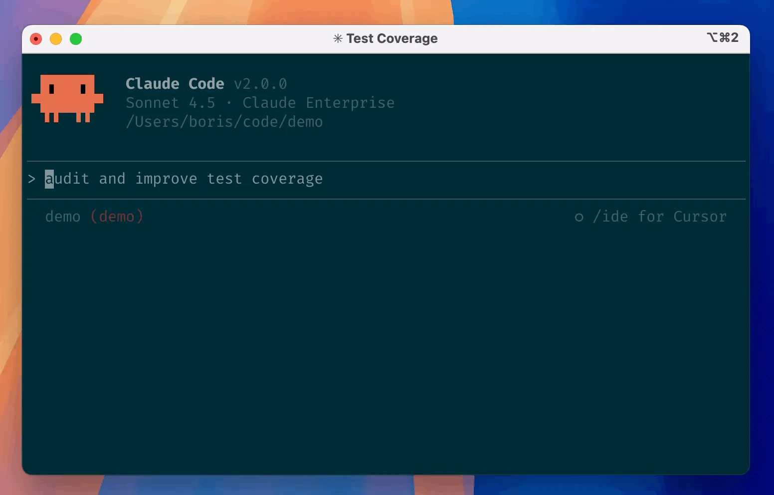 Claude Code terminal welcome screen, Sonnet 4.5, auditing test coverage