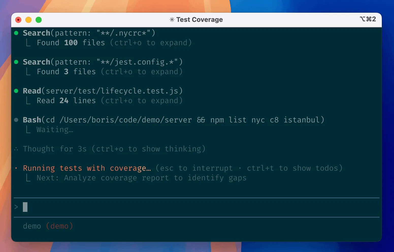 Claude Code running tests with coverage output in the terminal