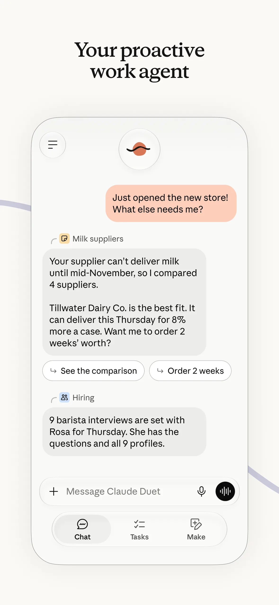 Claude Duet proactive chat with milk supplier comparison and hiring updates