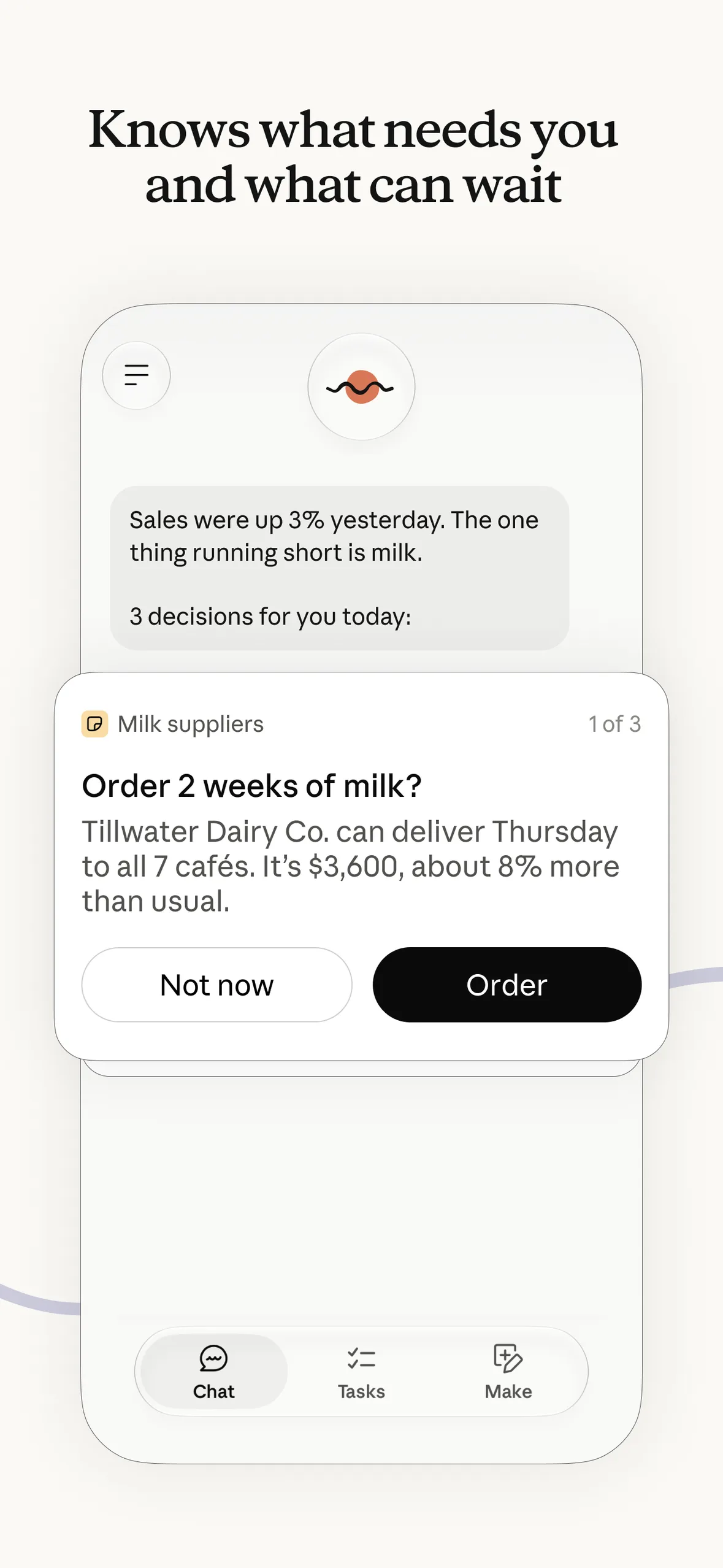 Claude Duet decision card asking to order two weeks of milk