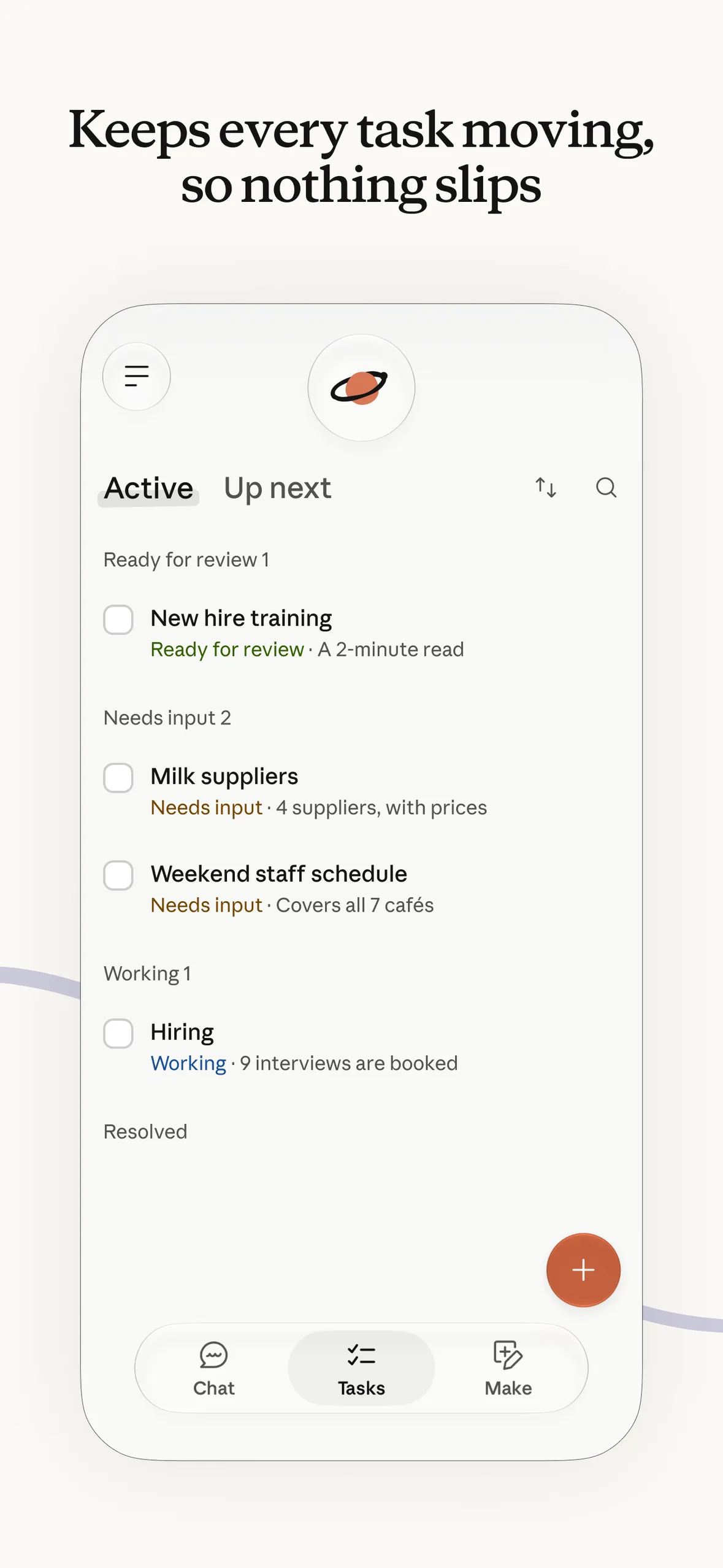 Claude Duet Tasks list with active and upcoming tasks