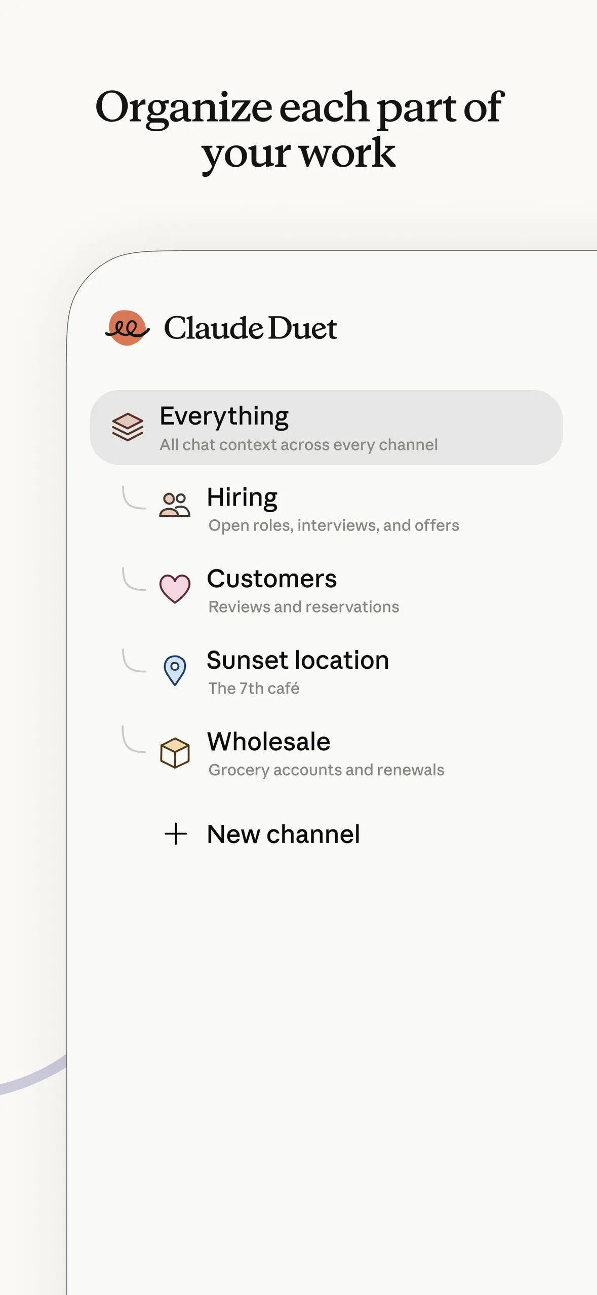 Claude Duet channels list including Hiring and Customers
