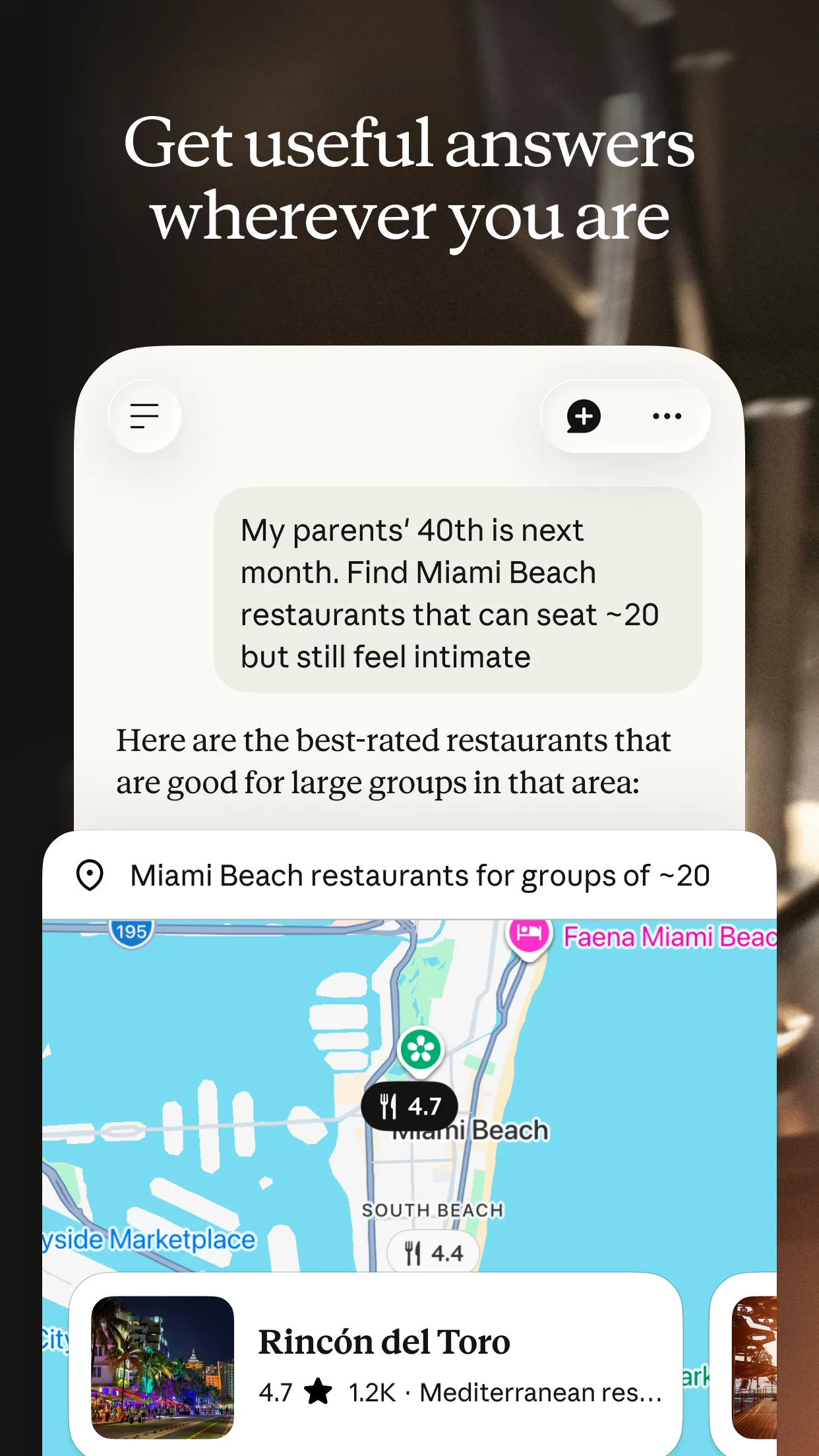 Claude chat recommending Miami Beach restaurants on a map
