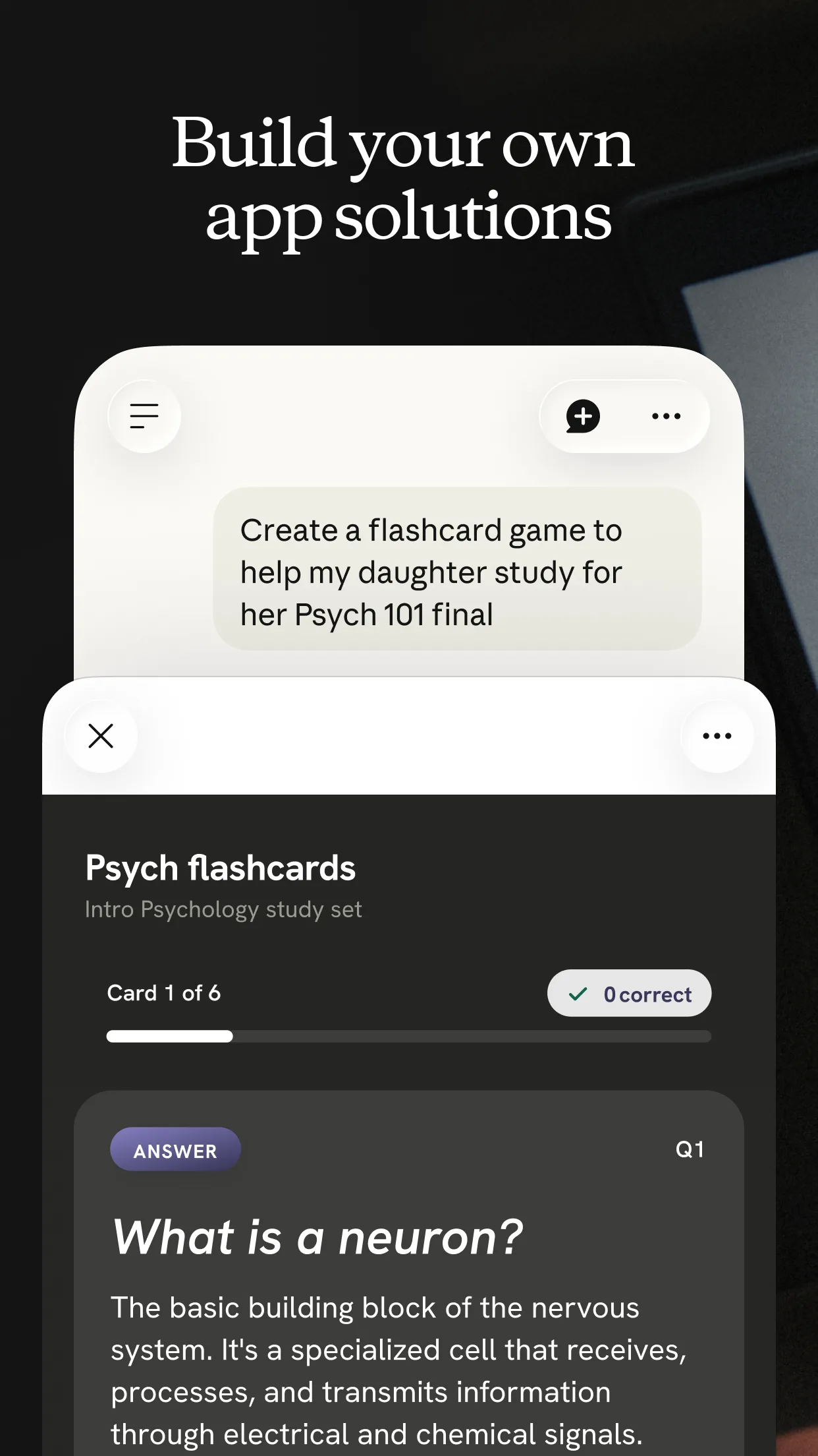 Claude-built flashcard app output about neurons
