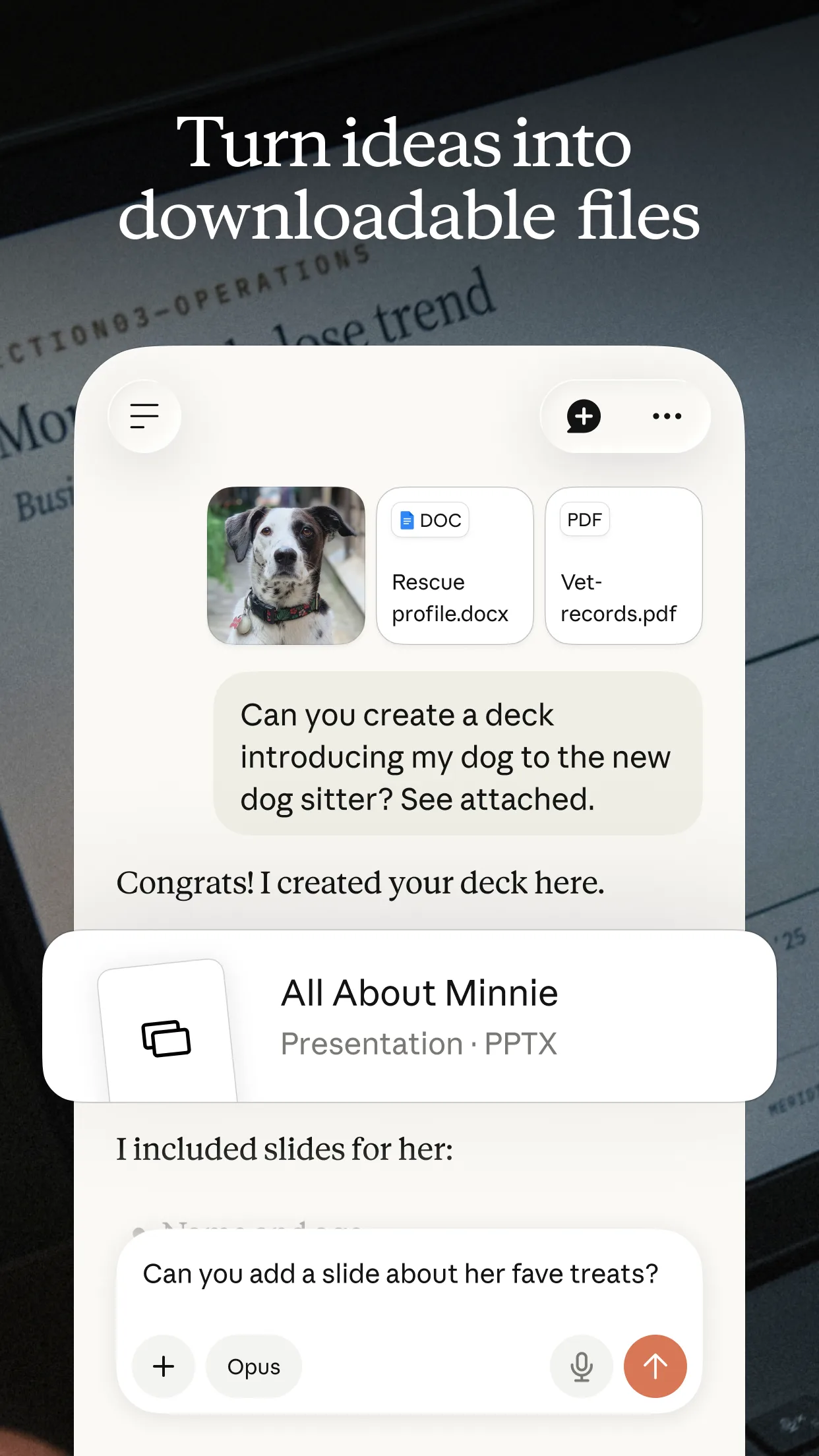 Claude chat producing a PowerPoint deck, All About Minnie