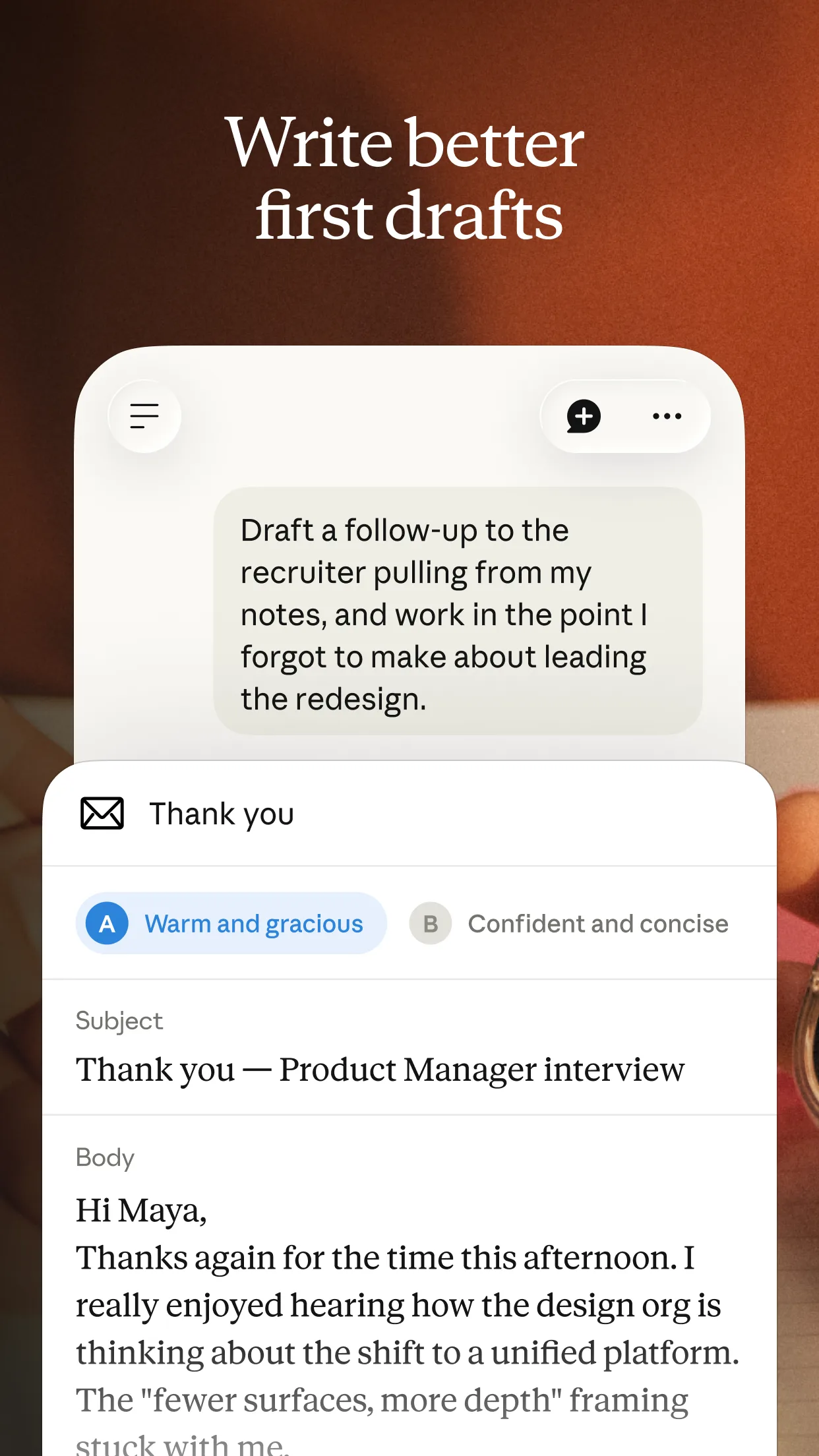Email draft thanking for a product manager interview
