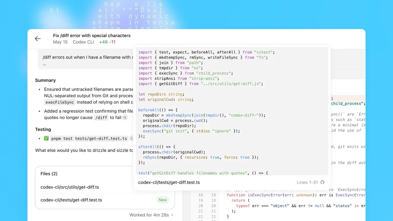 Codex task detail page with code diff and test results
