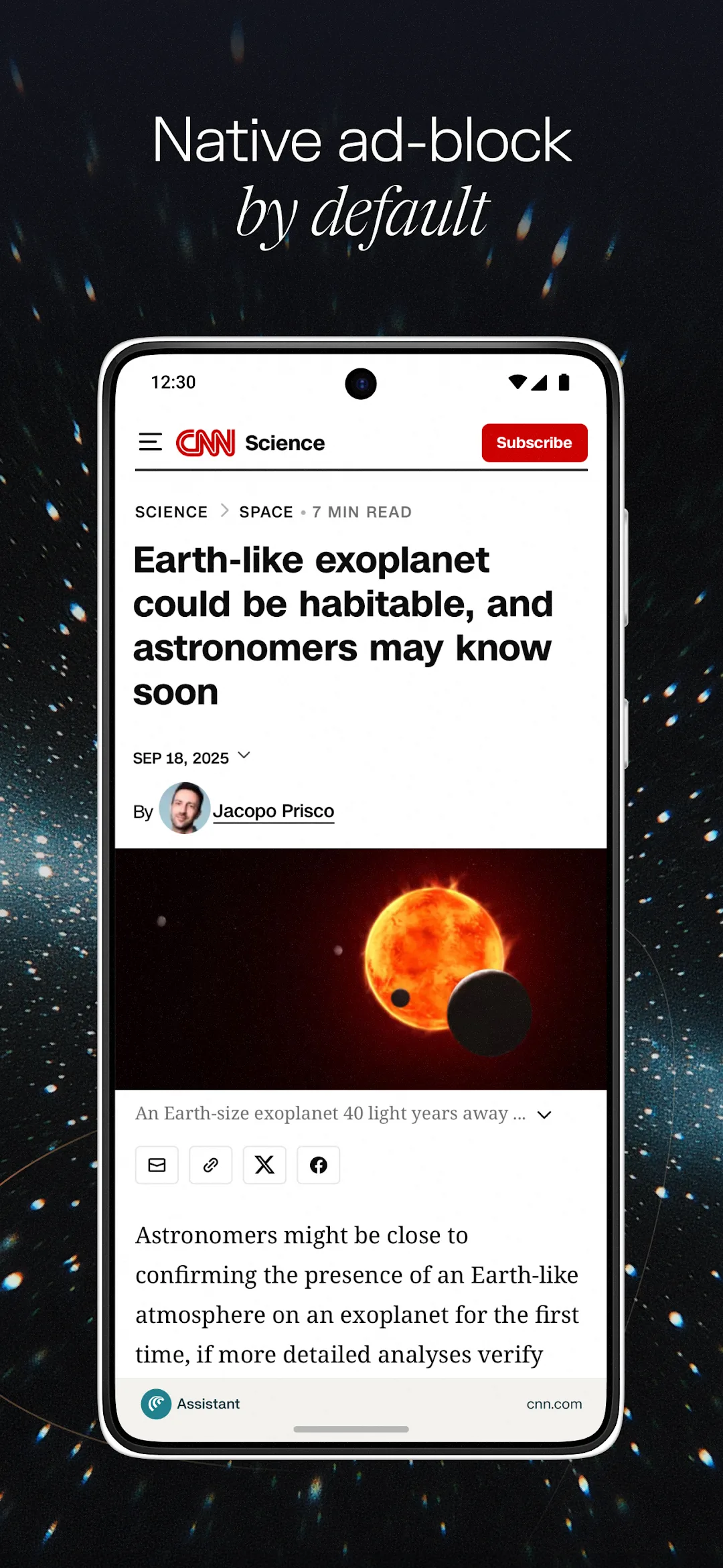 Comet browser showing a CNN article with native ad-block
