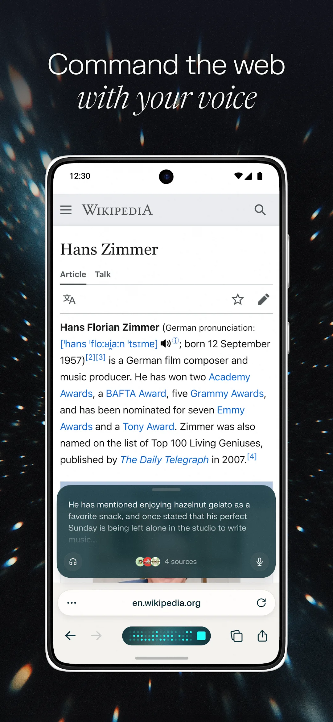 Comet browser on a Wikipedia article with voice command active