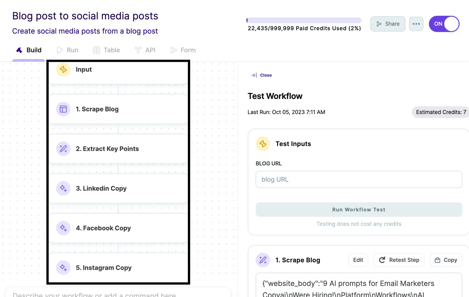 Copy.ai workflow turning a blog post into social media posts, with a test run pane