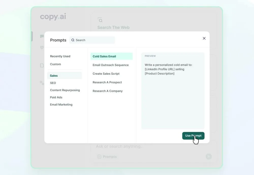 Copy.ai prompts library with sales and SEO prompt templates