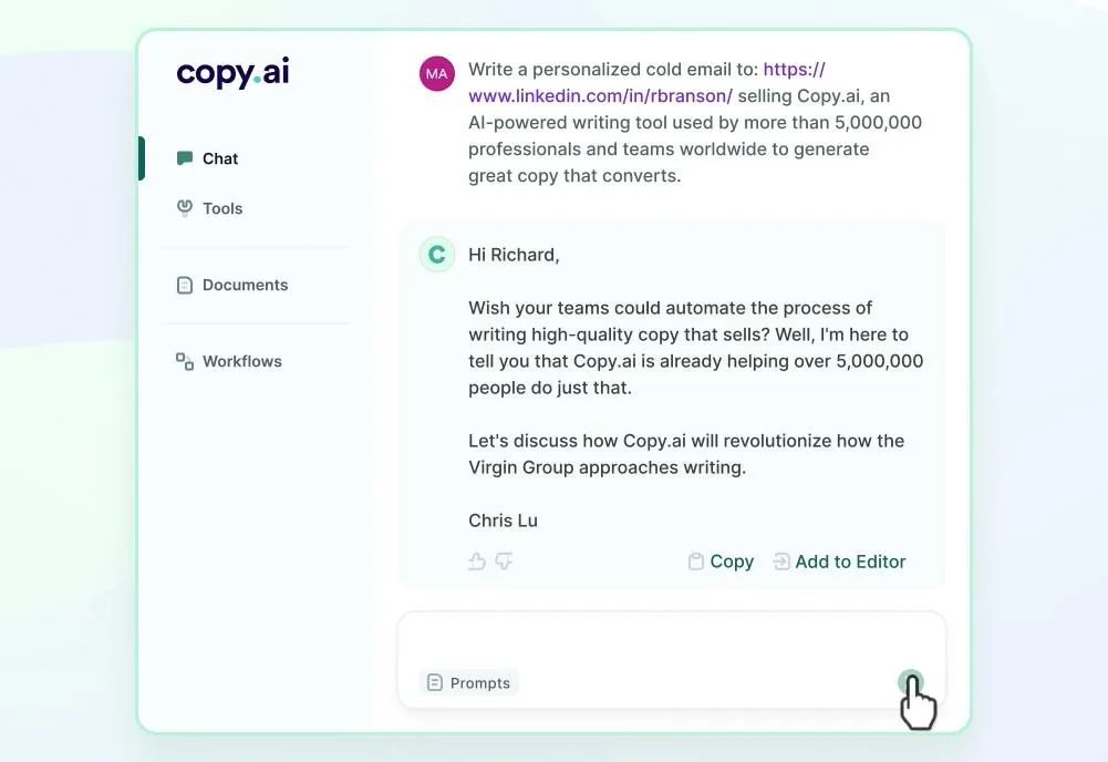 Copy.ai chat writing a personalized cold email