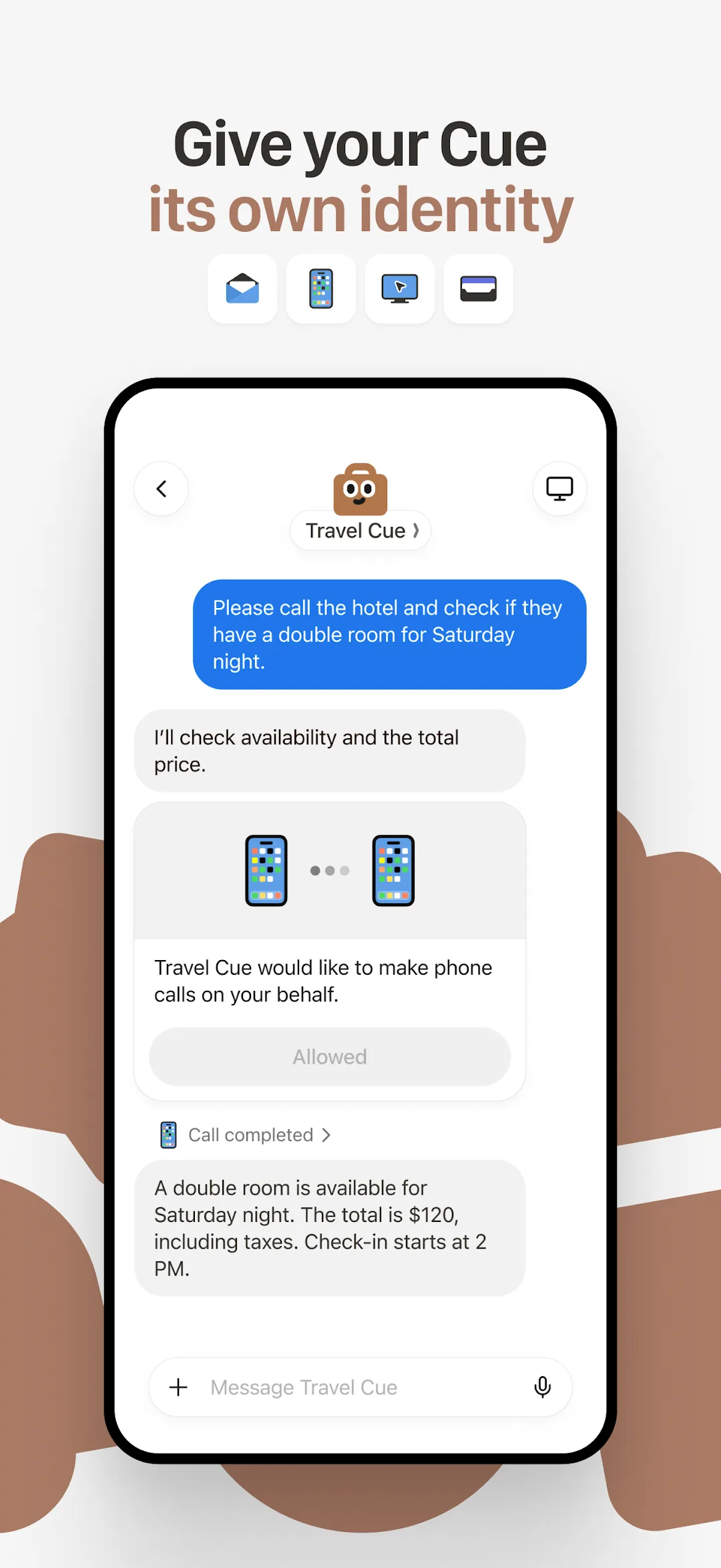 Cue Travel agent calling a hotel and reporting room availability and price