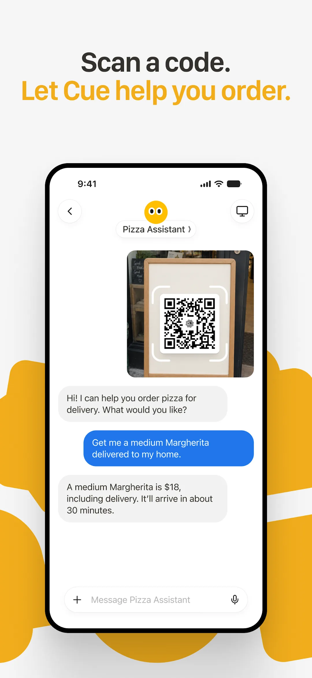 Cue Pizza assistant ordering via a scanned QR code