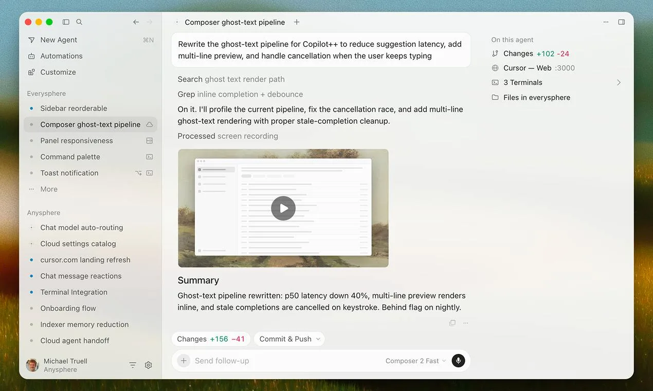 Cursor desktop agent window with task summary, file changes and chat