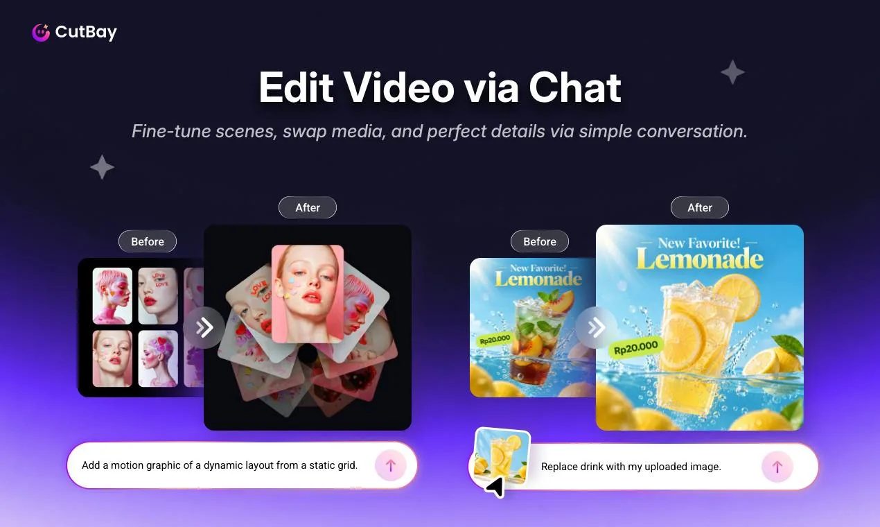 CutBay editing a video via chat, with before and after frames