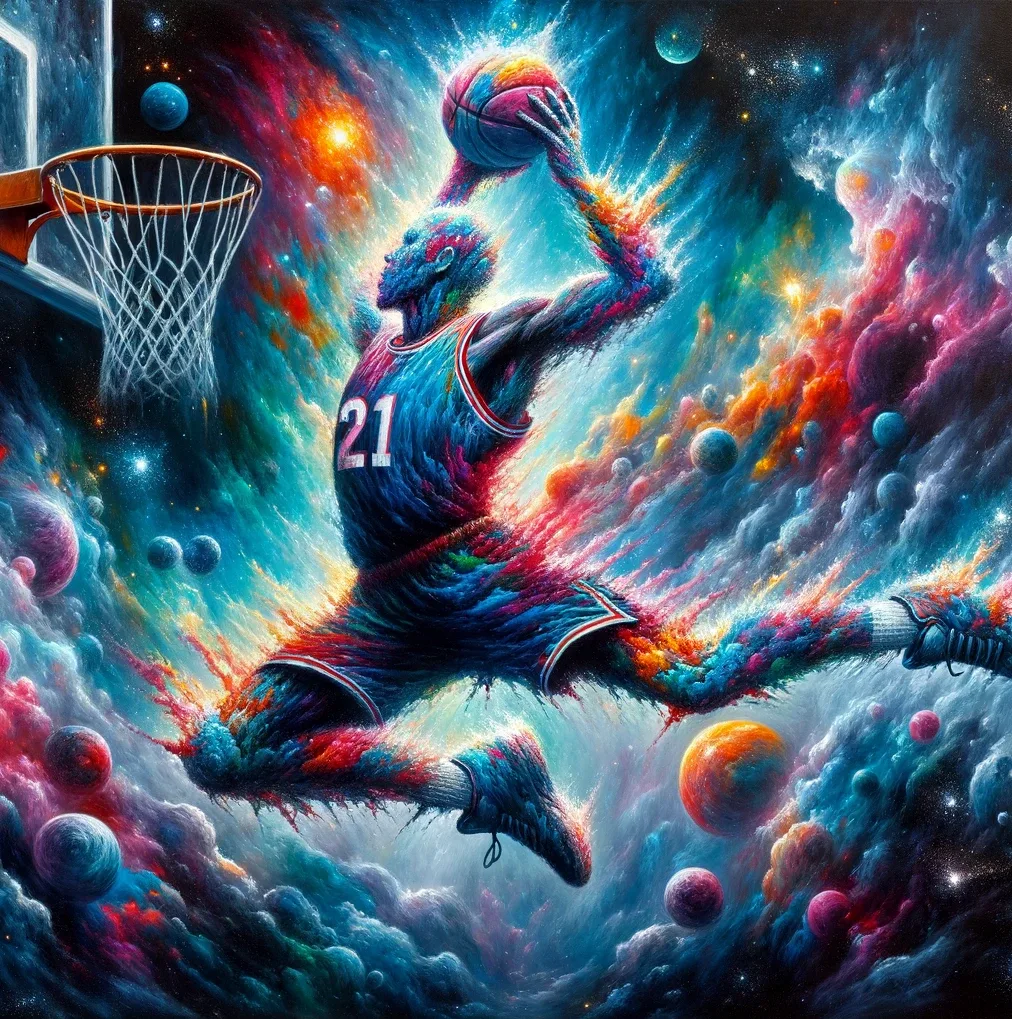 Oil painting: basketball dunk