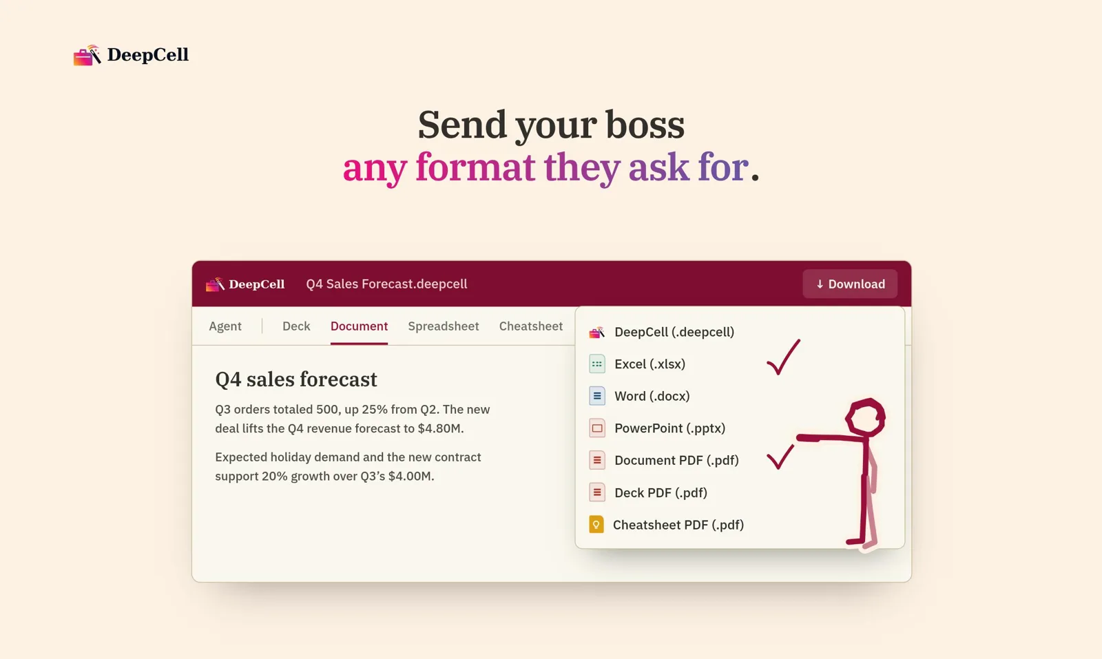 DeepCell document with export formats for spreadsheet, report and slides