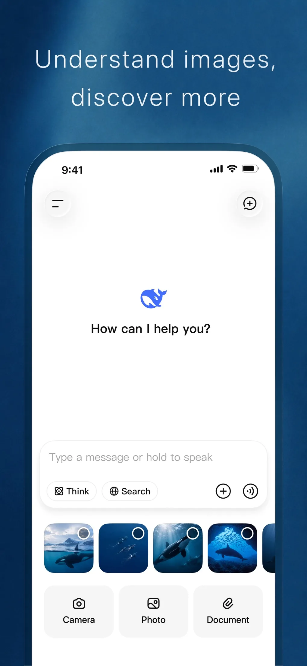 DeepSeek app home screen with chat input, Think and Search modes