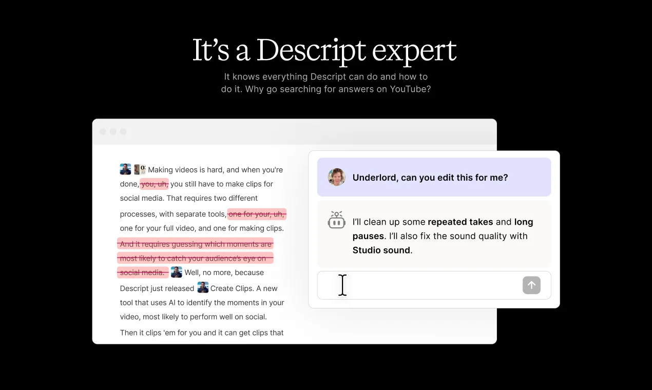 Descript Underlord AI assistant editing a transcript by chat