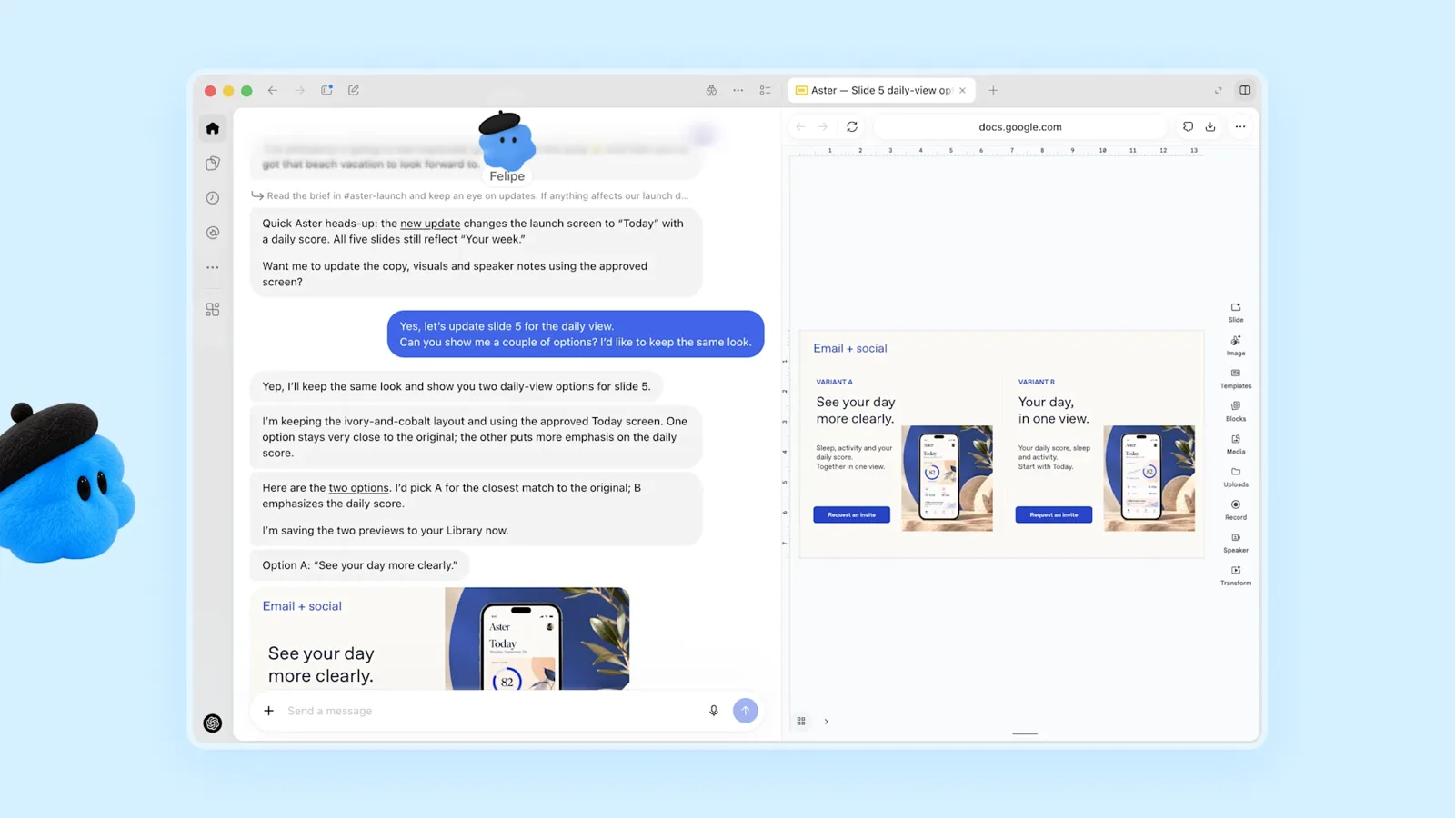Dots chat in ChatGPT with a dot's daily briefing and cards