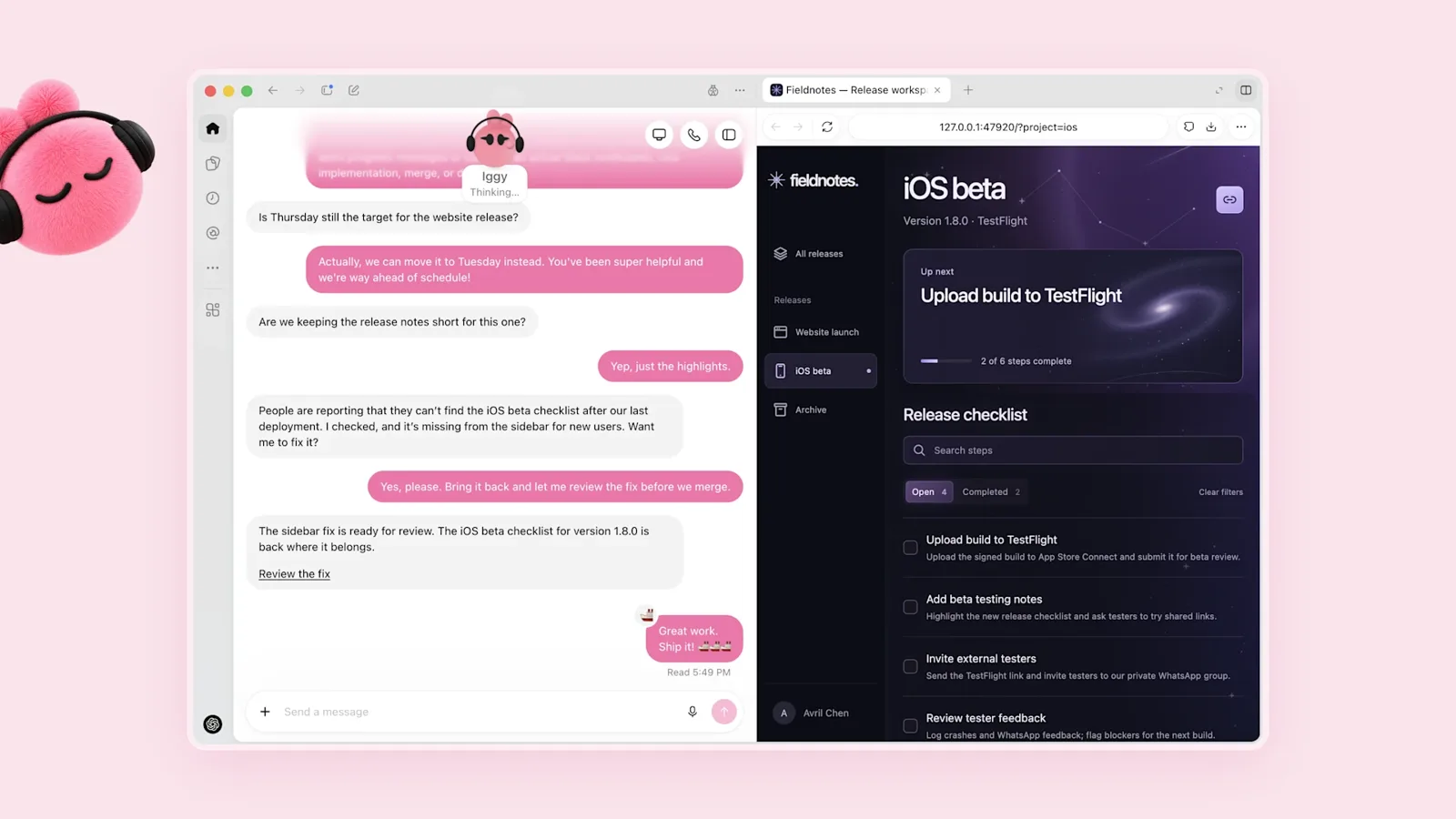 Dots conversation beside an iOS beta release checklist