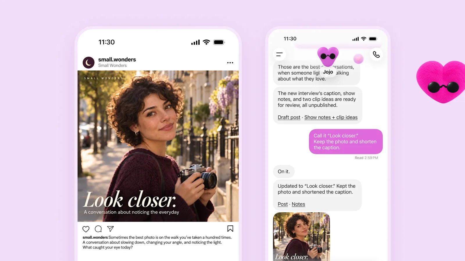 Dots on mobile drafting a social post from an interview photo