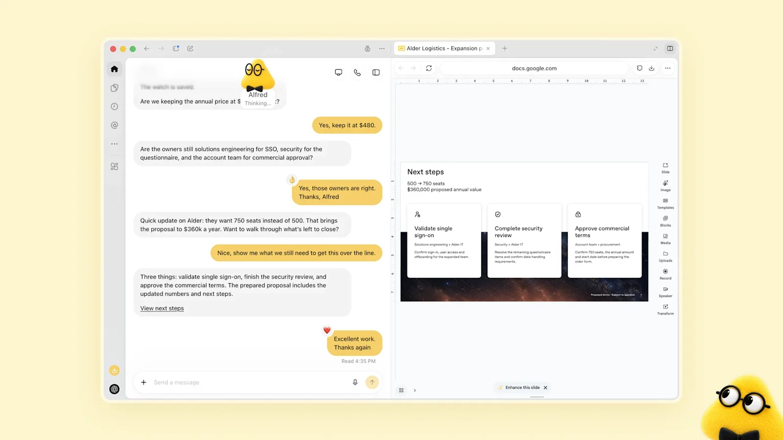 Dots chat with a sales proposal document it prepared