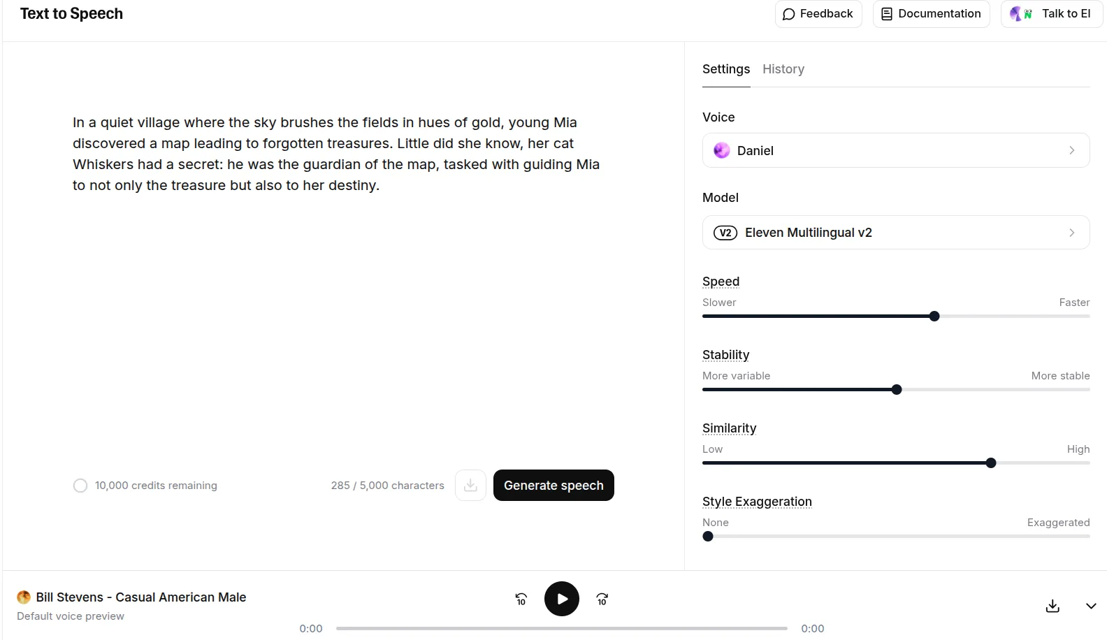 ElevenLabs Text to Speech editor with voice and model settings
