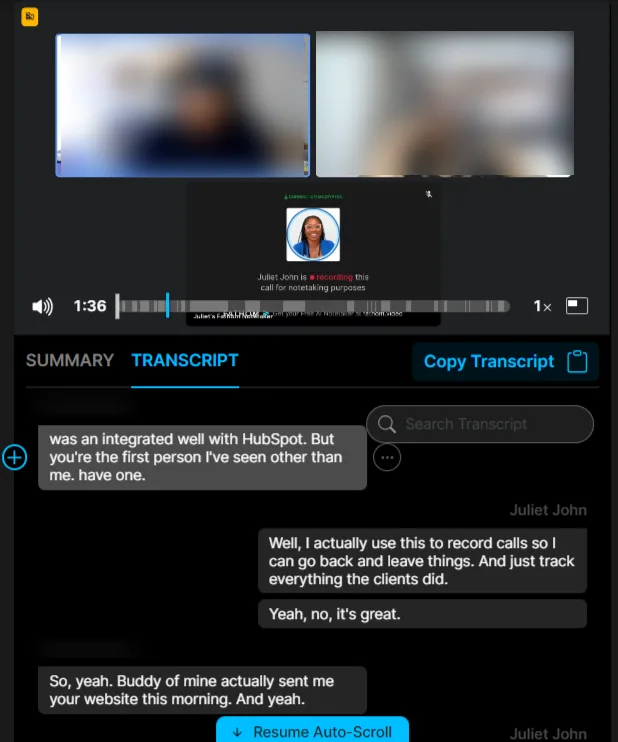 Fathom transcript view with video player and chat-style transcript