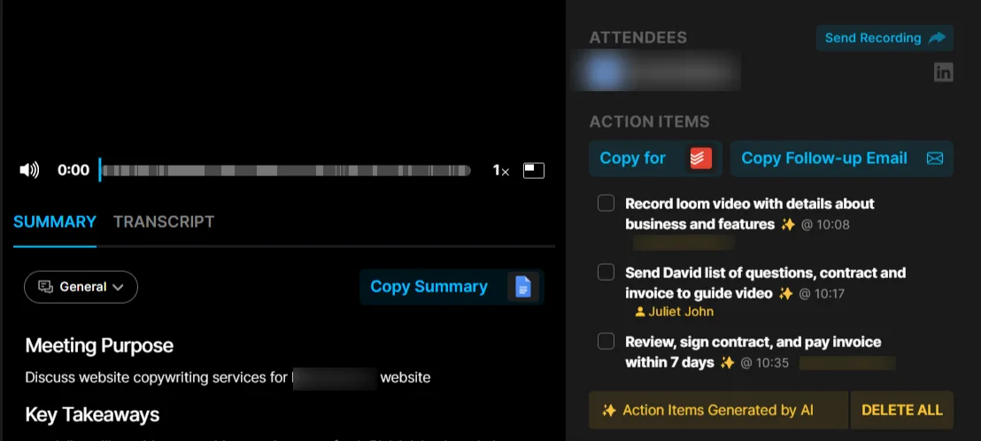 Fathom meeting summary with attendees and AI-generated action items